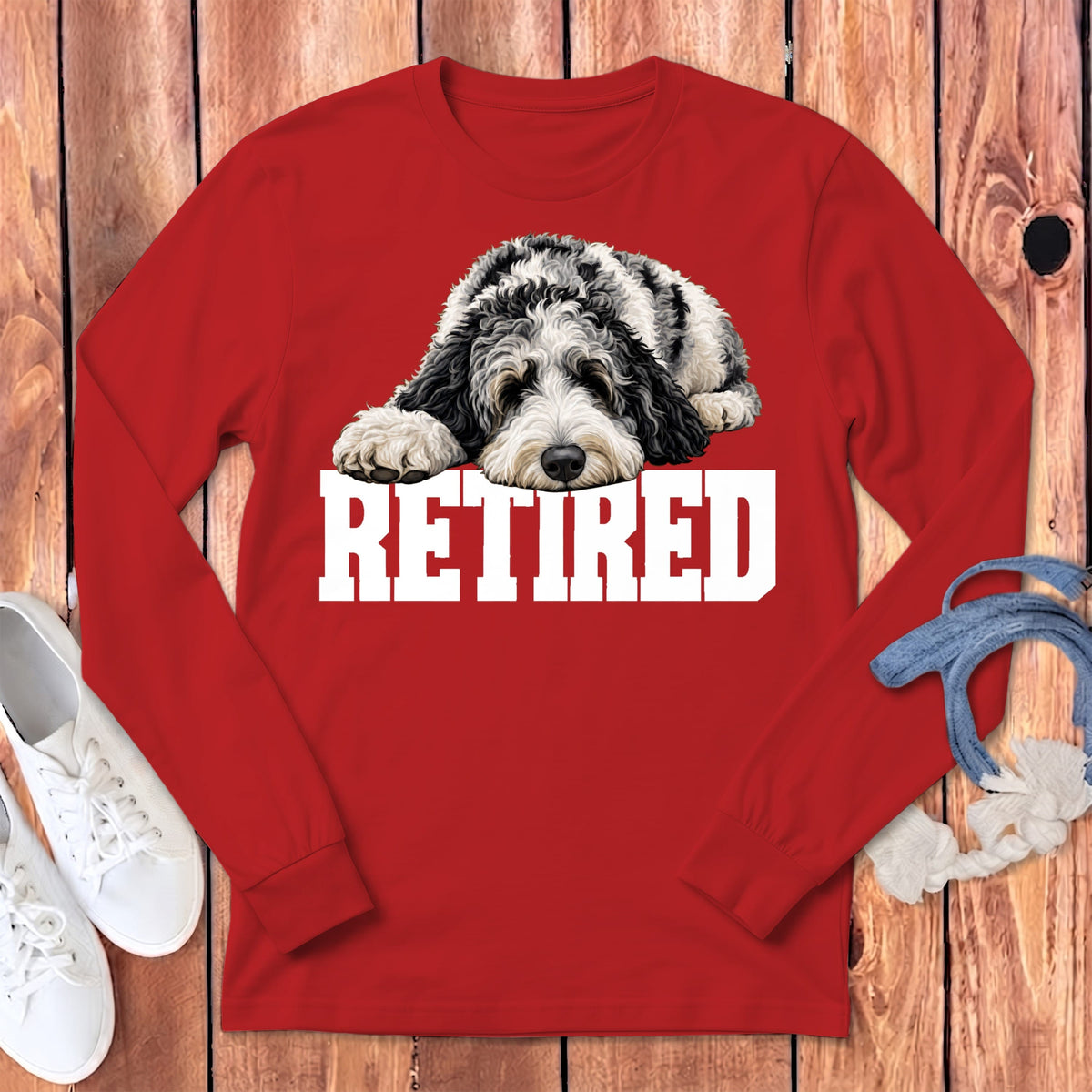 Retired Sleeping Merle Goldendoodle Long Sleeve T-Shirt in Red / S by Puppy Jo