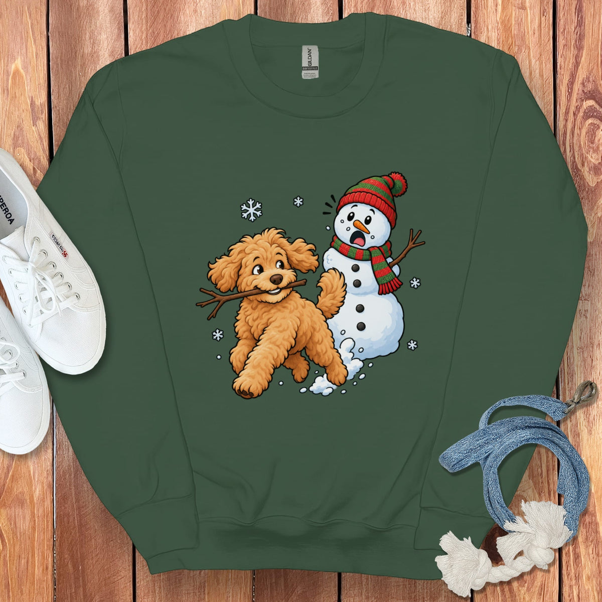 Golden Goldendoodle Snowman Sweatshirt in Forest Green / S by Puppy Jo