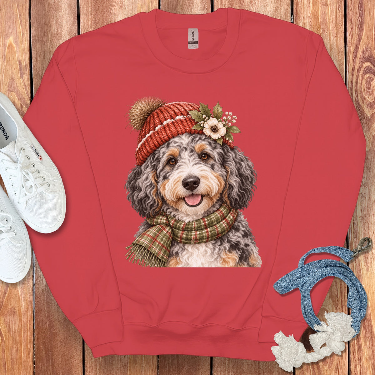 Crewneck sweatshirt with a printed image of a dog wearing a winter hat and scarf.