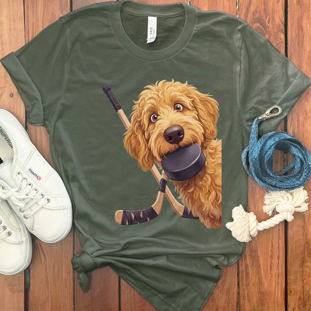 Golden Goldendoodle Hockey T-Shirt in Military Green / S by Puppy Jo