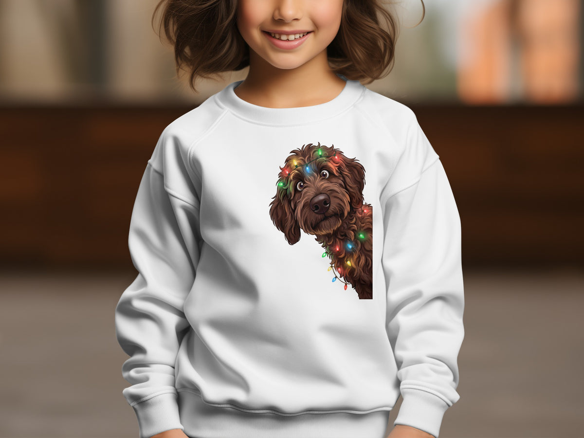 White sweatshirt featuring a brown dog with colorful Christmas lights tangled in its fur.