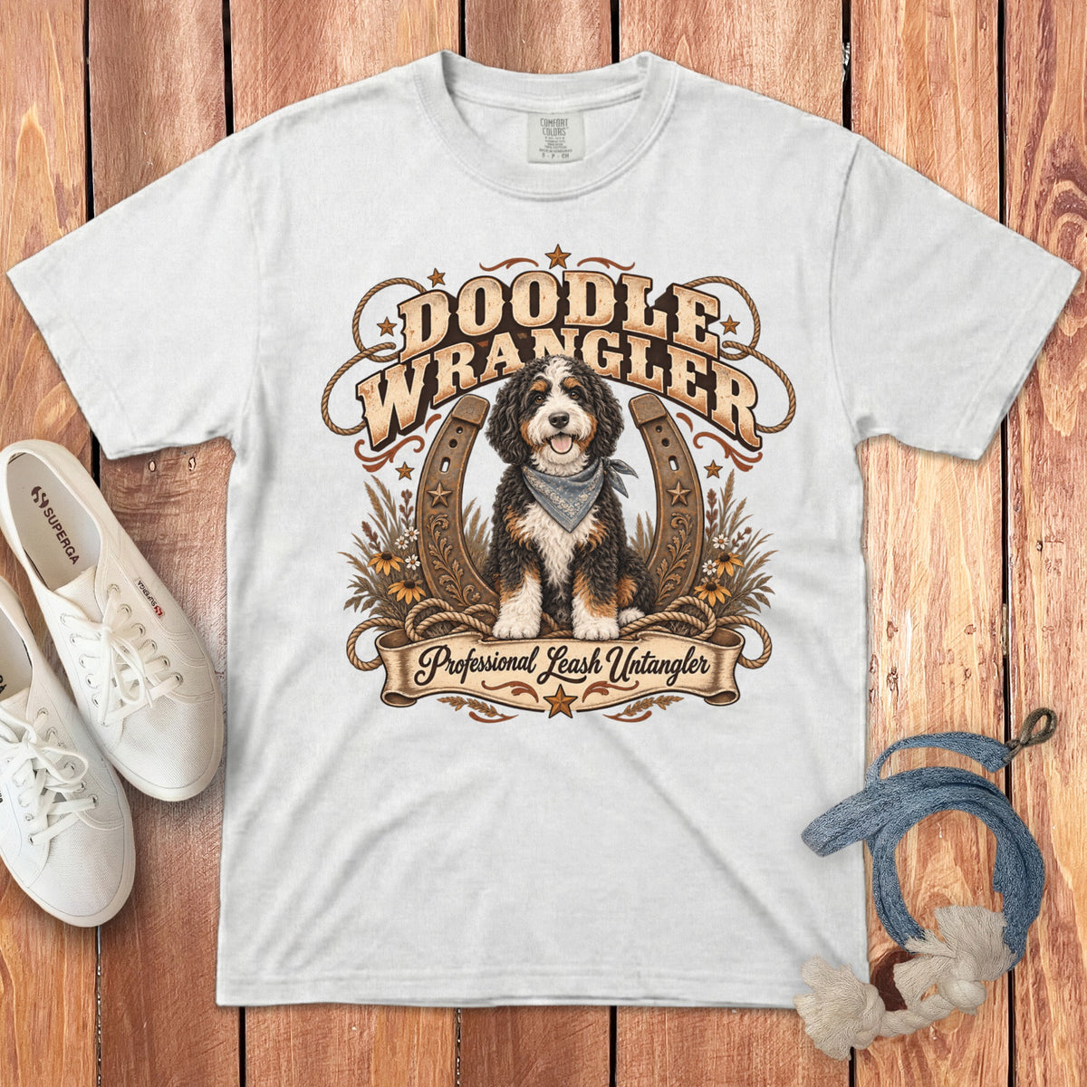 Bernese Mountain Dog wearing bandana, "Doodle Wrangler" and "Professional Leash Untangler" text.