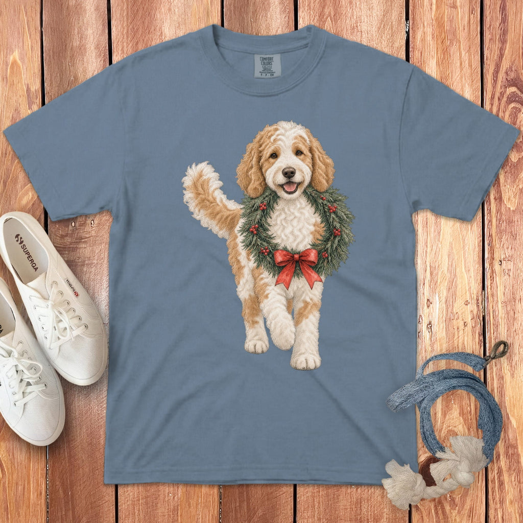 Parti Goldendoodle Wreath Signature T-Shirt in Blue Jean / S by Puppy Jo