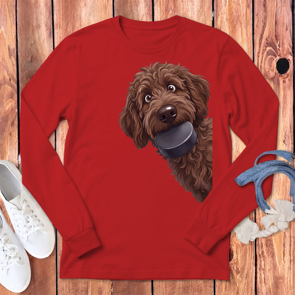 Chocolate Goldendoodle Hockey Puck Long Sleeve T-Shirt in Red / S by Puppy Jo
