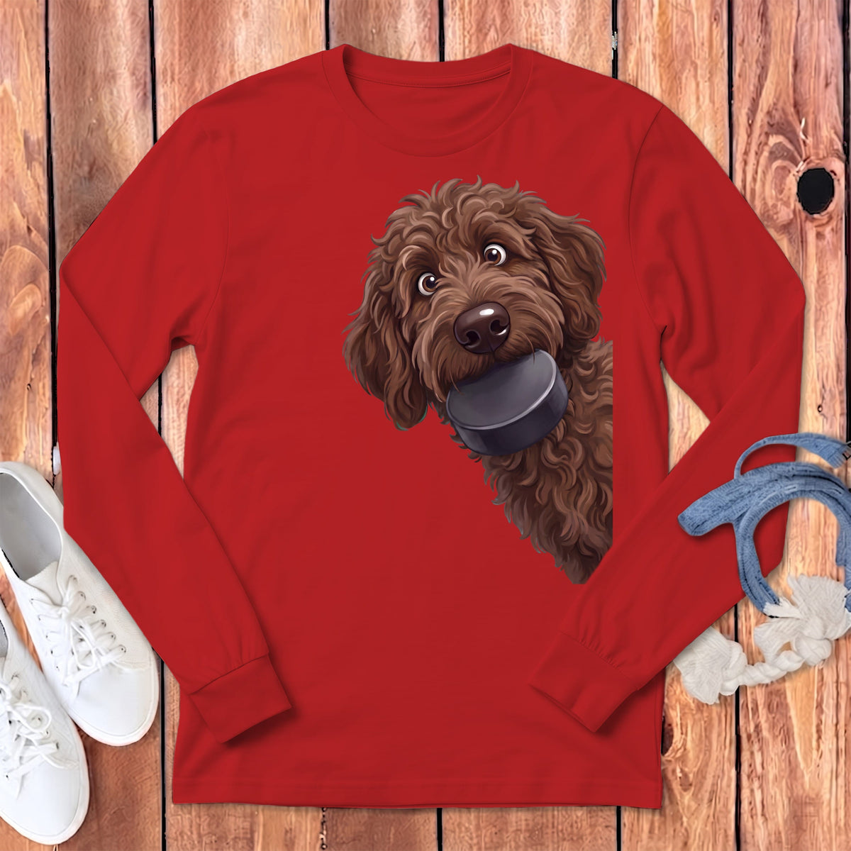 Chocolate Goldendoodle Hockey Puck Long Sleeve T-Shirt in Red / S by Puppy Jo