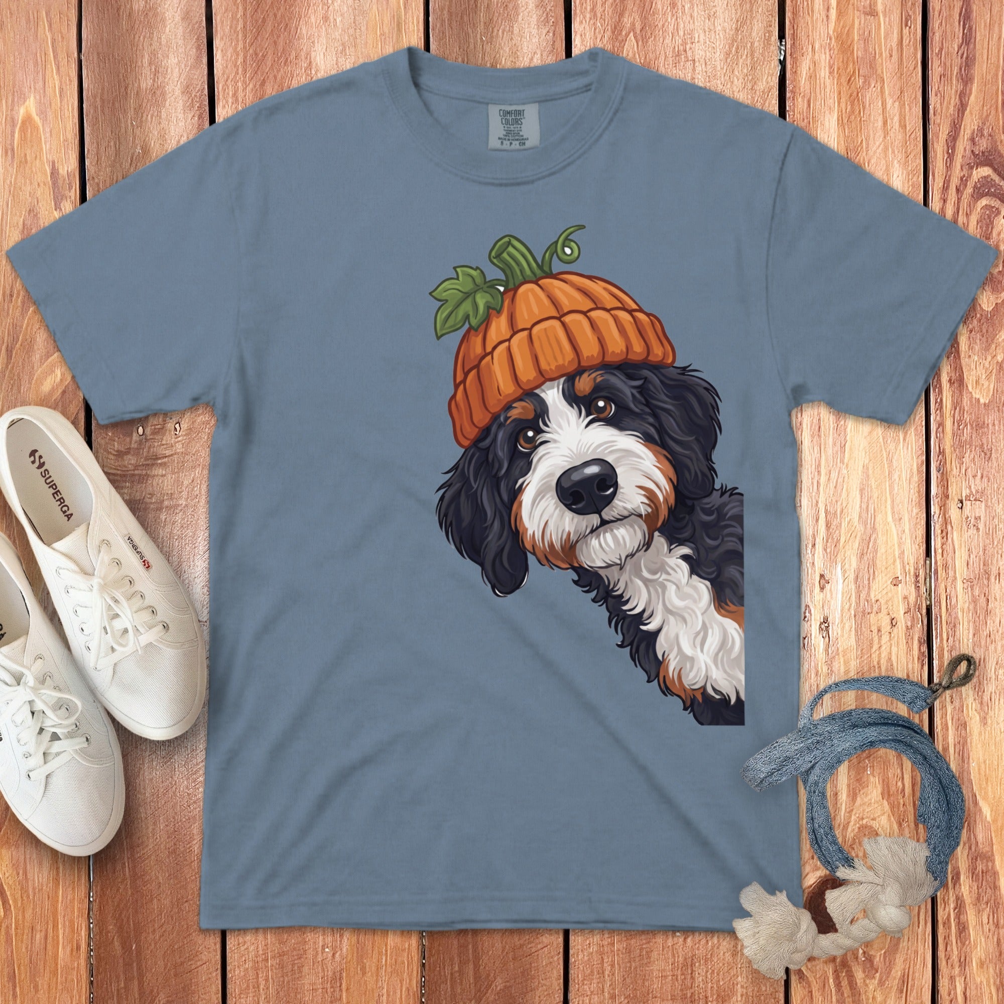 Bernese Mountain Dog wearing a pumpkin hat, peeking from the side.