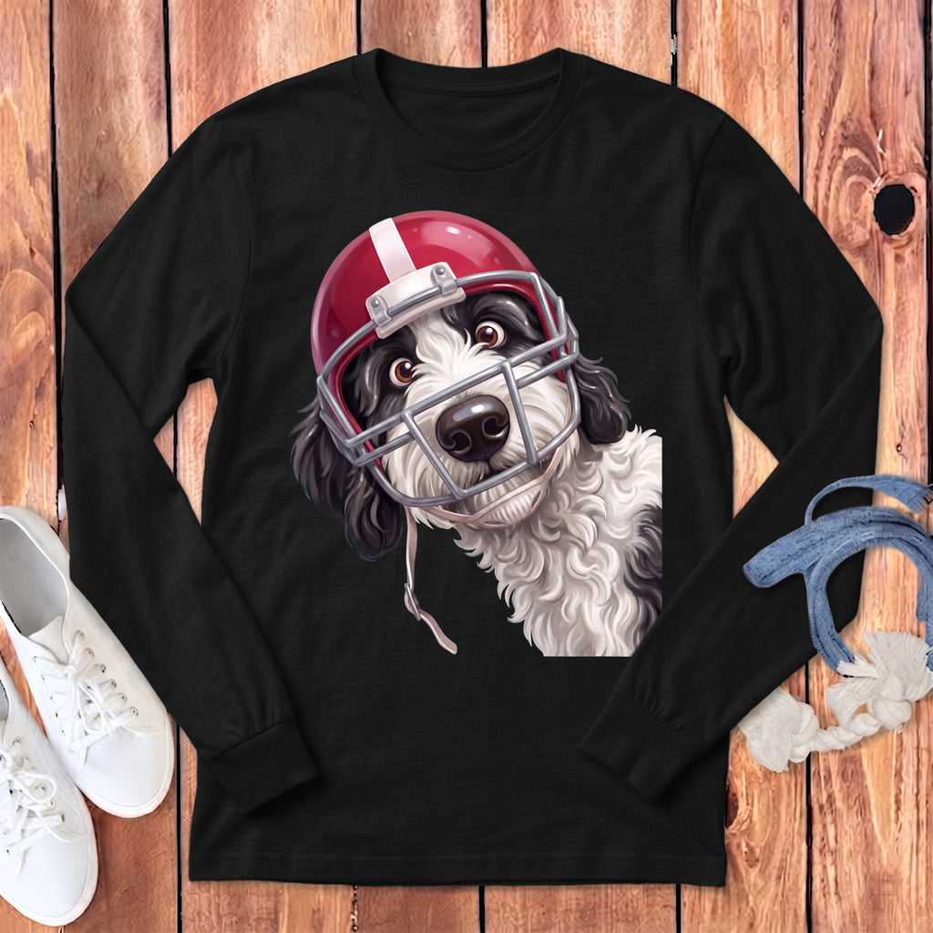 Black long-sleeve shirt with a dog wearing a football helmet graphic.