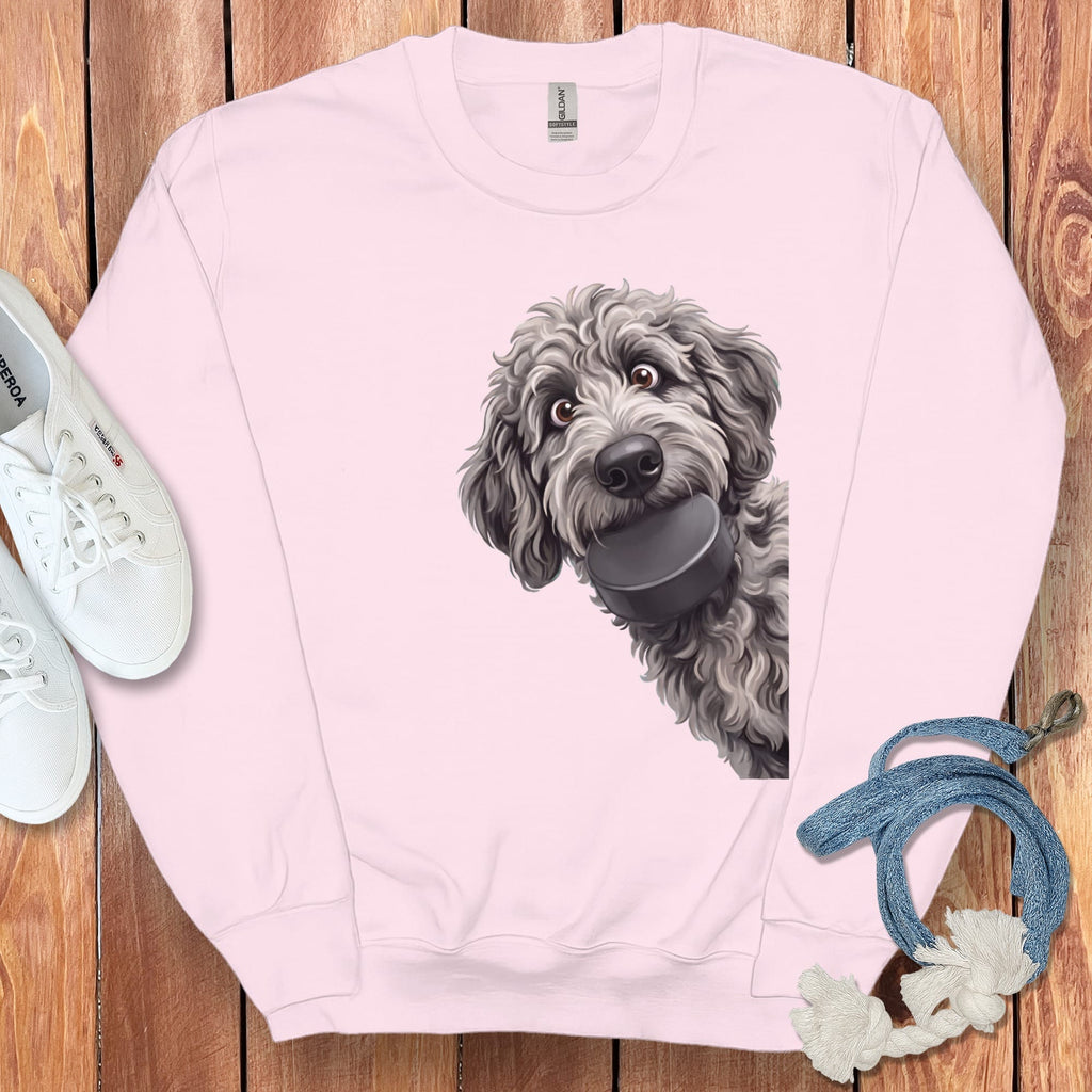 Merle Goldendoodle Hockey Puck Sweatshirt in Light Pink / S by Puppy Jo