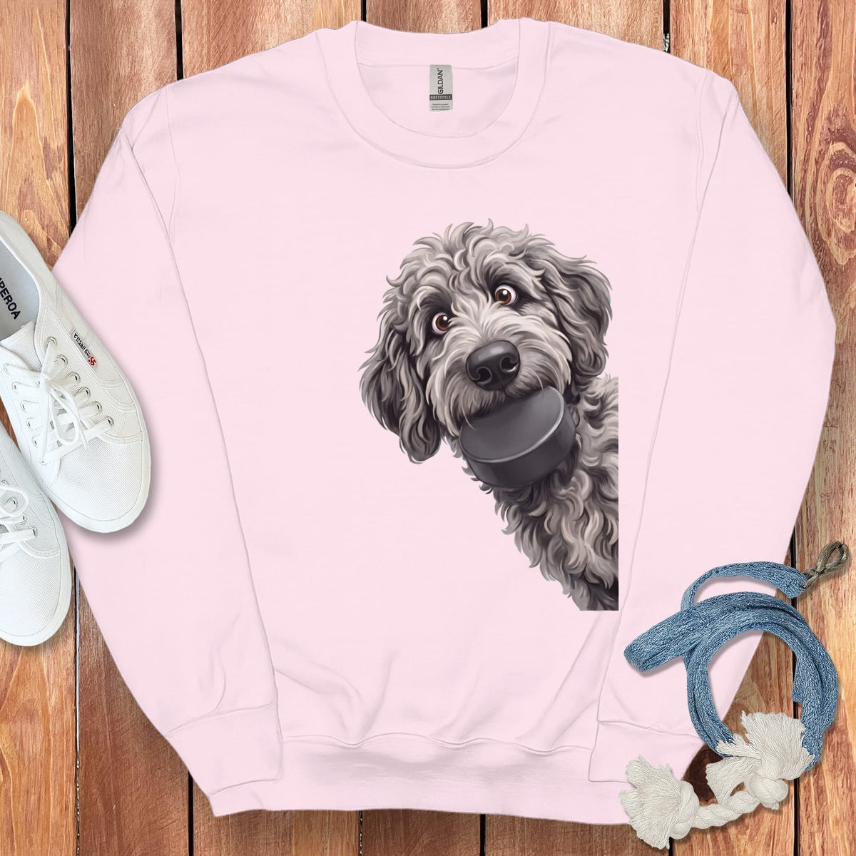 Merle Goldendoodle Hockey Puck Sweatshirt in Light Pink / S by Puppy Jo
