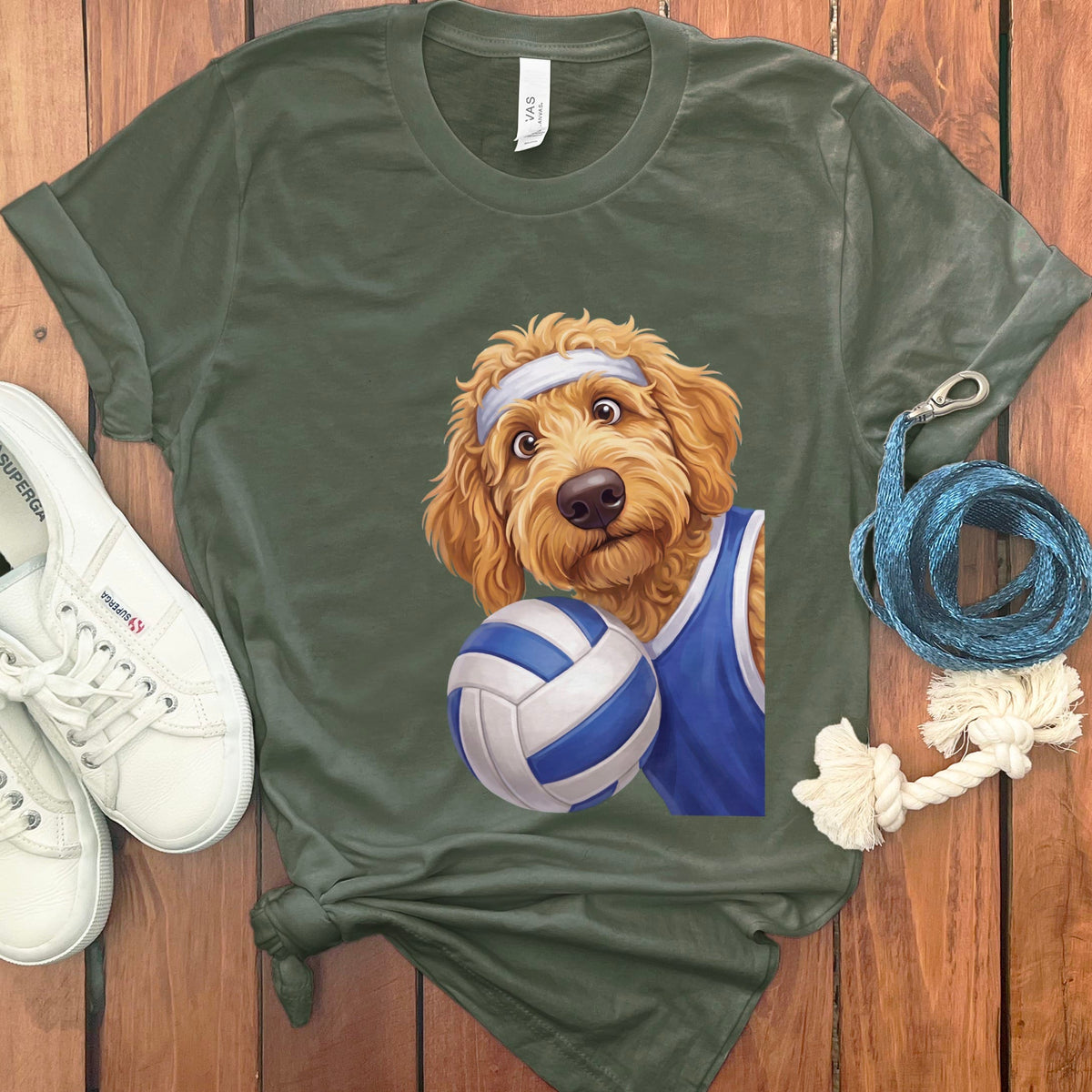 Apricot Goldendoodle Volleyball Player T-Shirt in Military Green / S by Puppy Jo