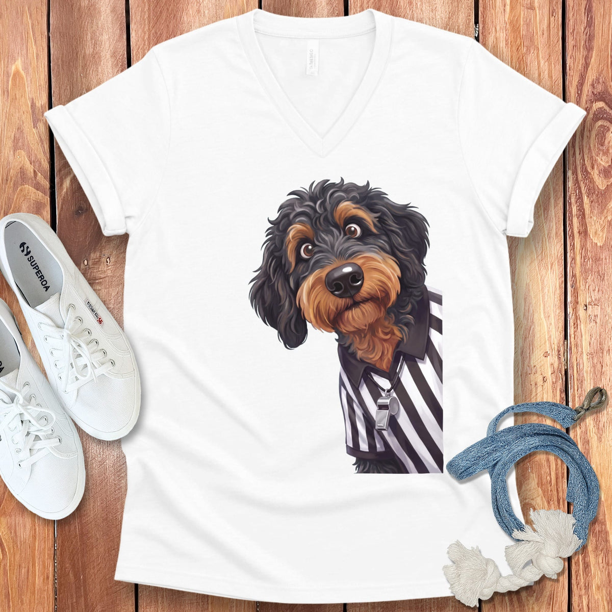 Phantom Goldendoodle Football Referee V-Neck T-Shirt in White / S by Puppy Jo