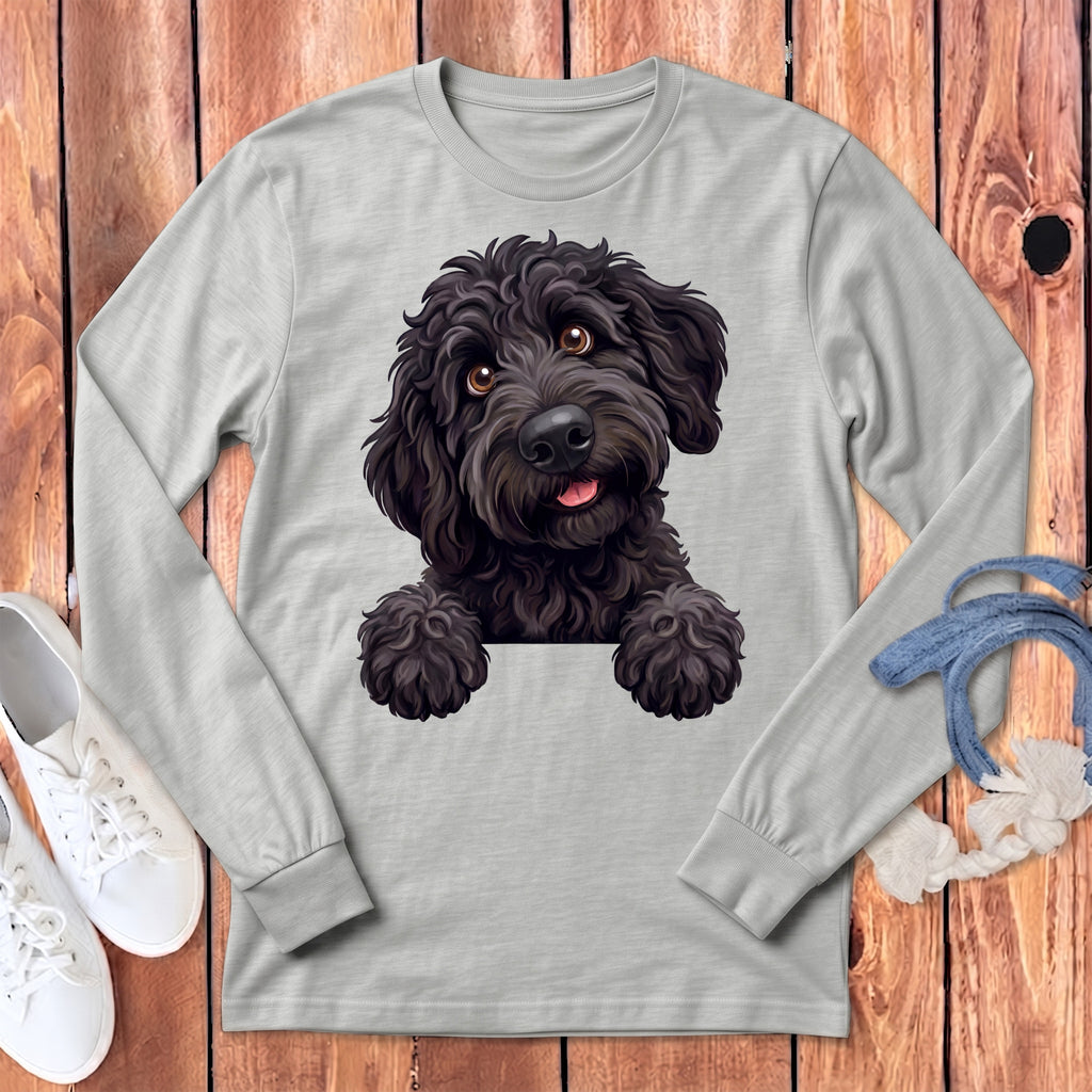 Gray long sleeve shirt with a black doodle dog illustration peeking over the front.