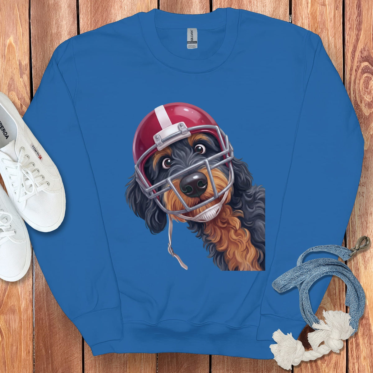 Phantom Goldendoodle Football Helmet Sweatshirt in Royal / S by Puppy Jo