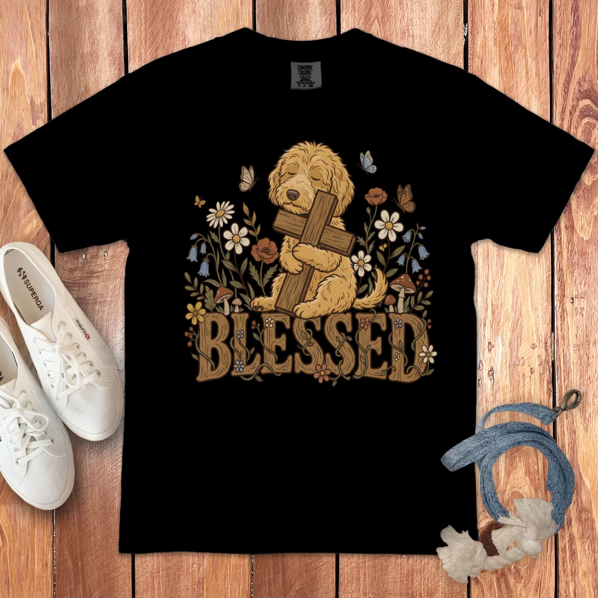 Apricot Blessed Goldendoodle T-Shirt in Black / S by Puppy Jo