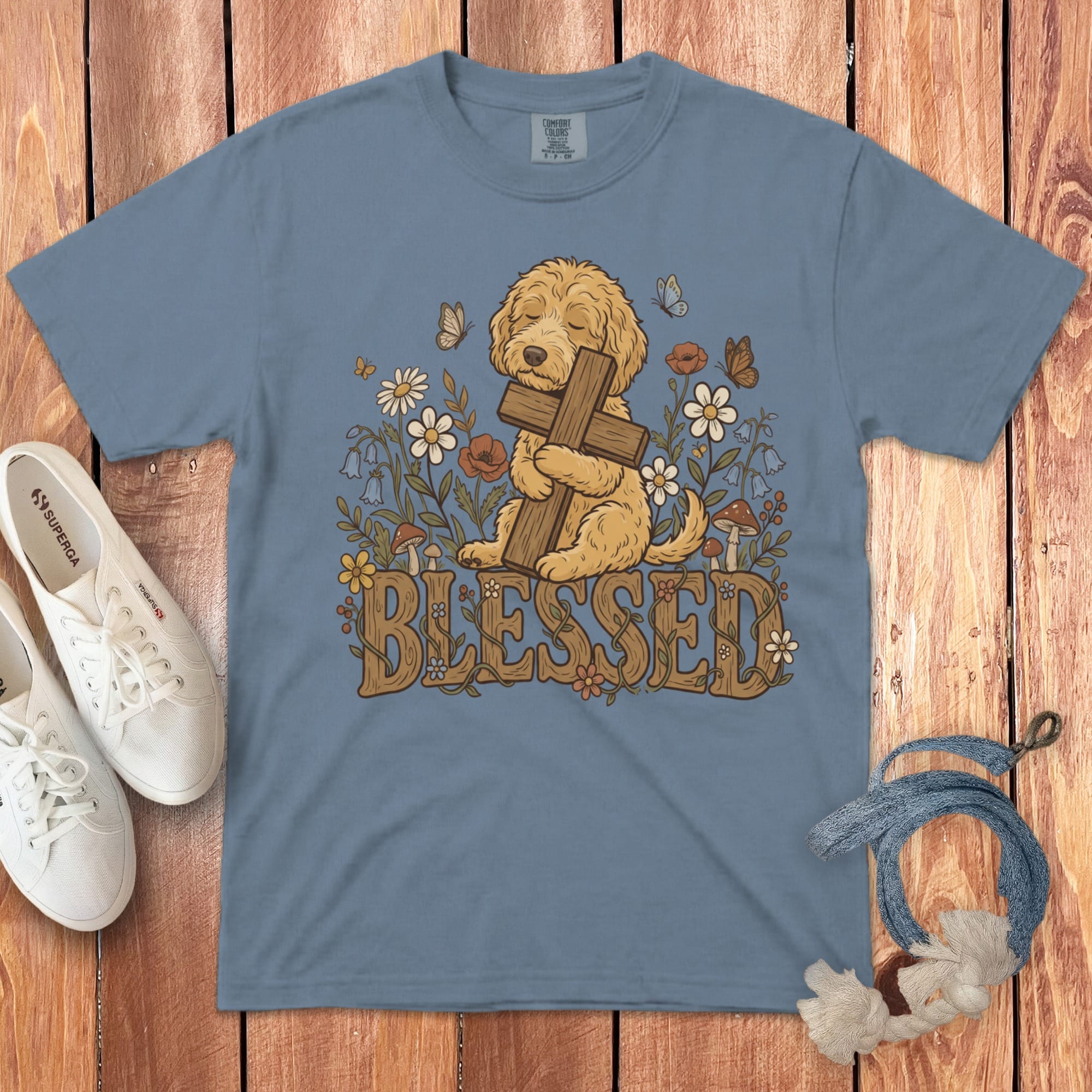 Apricot Blessed Goldendoodle T-Shirt in Blue Jean / S by Puppy Jo