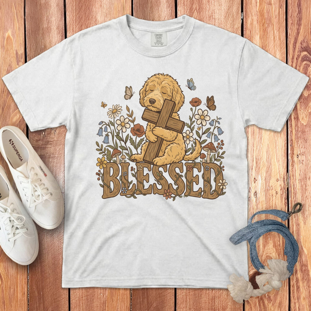 Apricot Blessed Goldendoodle T-Shirt in White / S by Puppy Jo