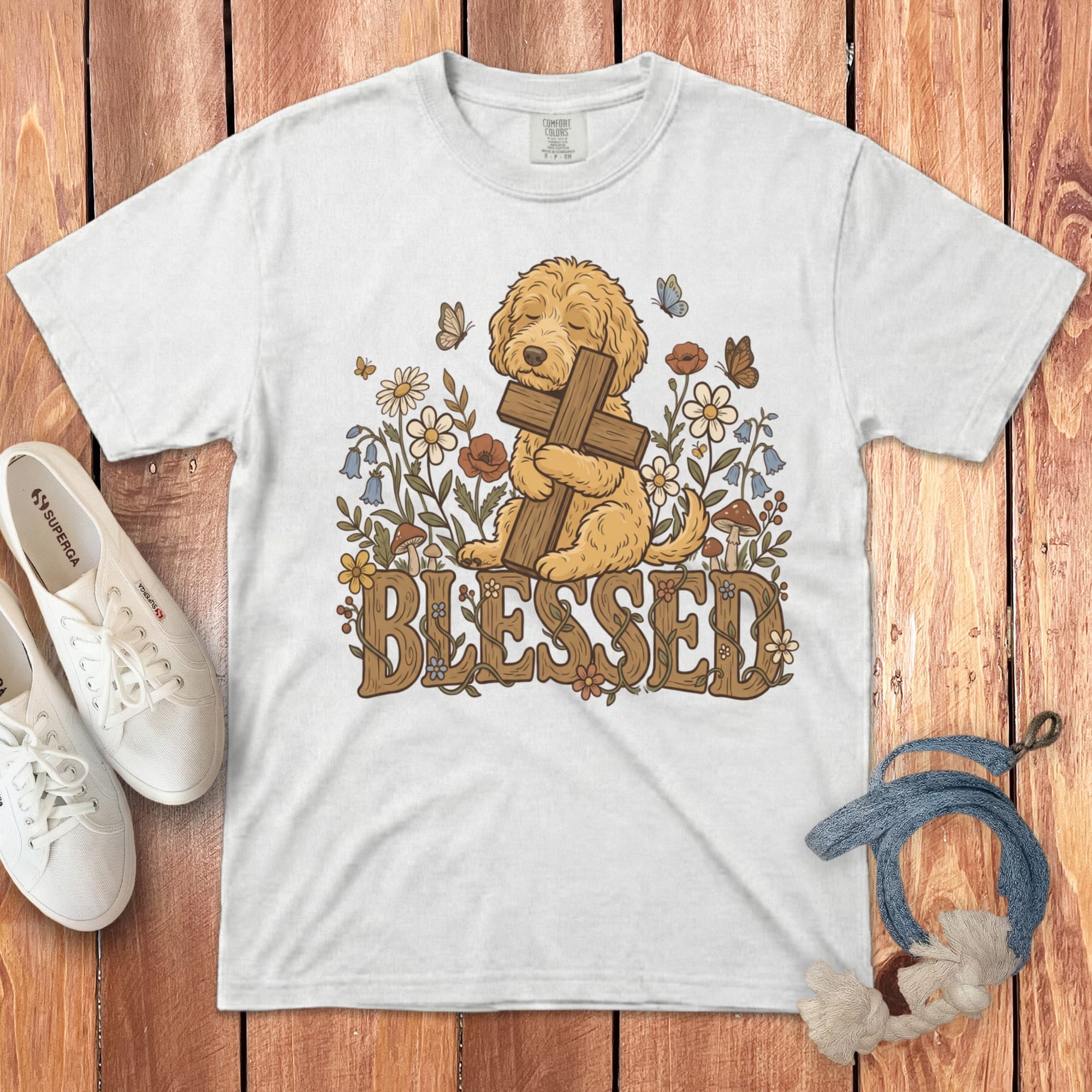 Apricot Blessed Goldendoodle T-Shirt in White / S by Puppy Jo