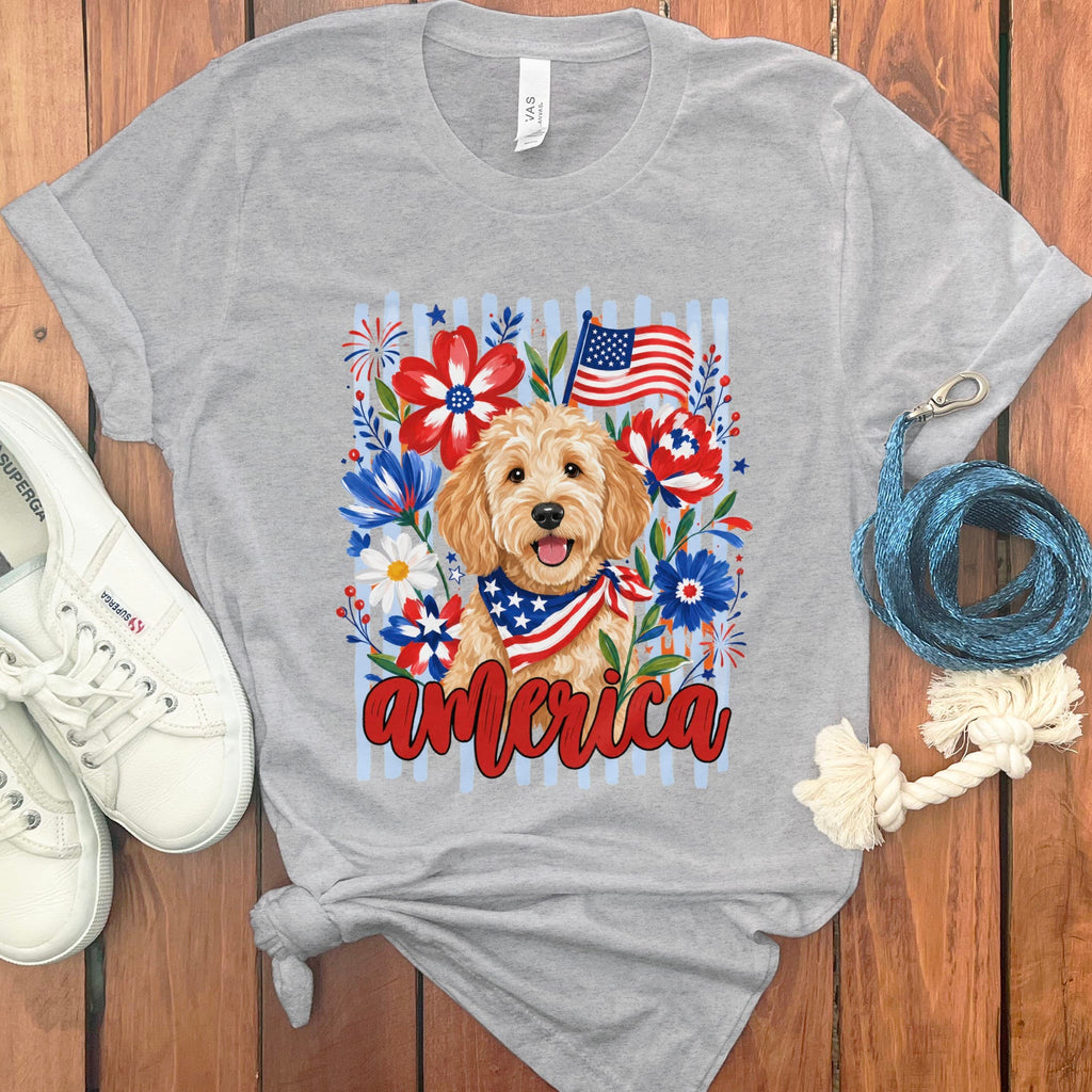 Apricot Doodle America T-Shirt in Athletic Heather / S by Puppy Jo