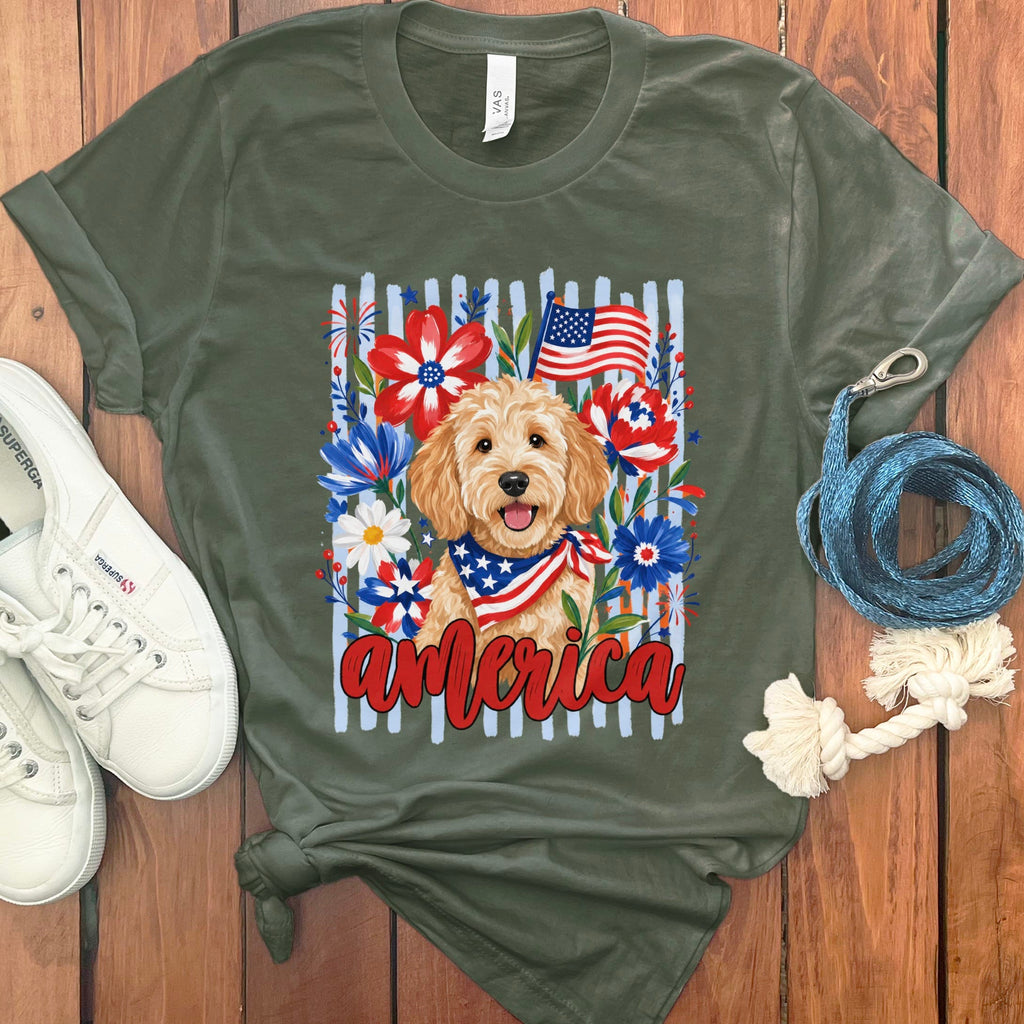 Apricot Doodle America T-Shirt in Military Green / S by Puppy Jo