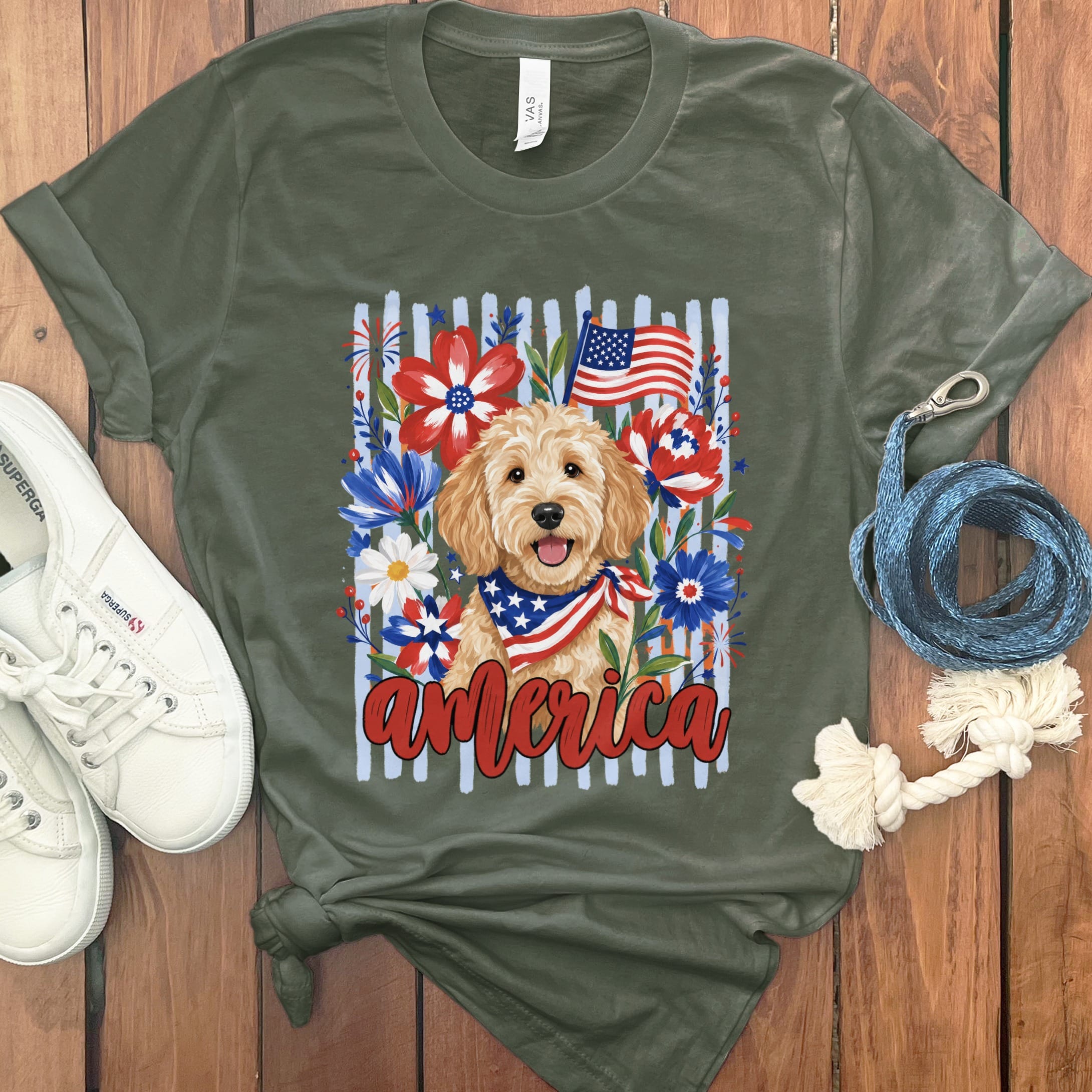 Apricot Doodle America T-Shirt in Military Green / S by Puppy Jo