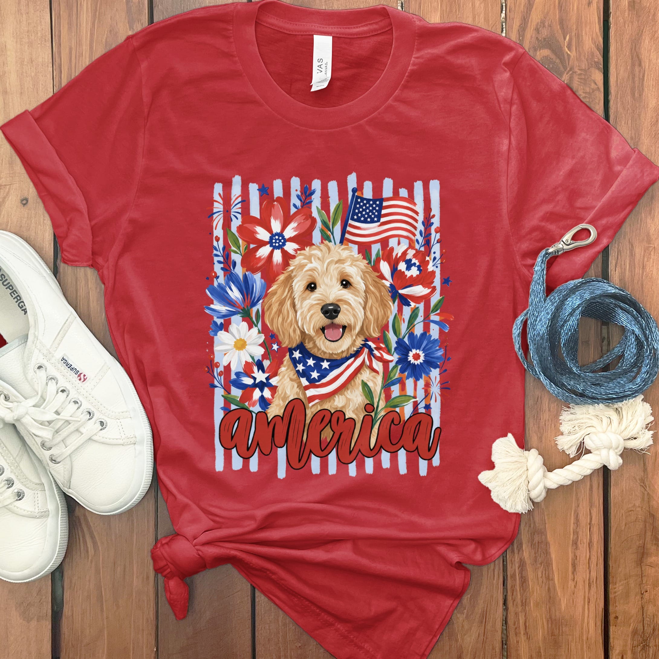 Apricot Doodle America T-Shirt in Red / S by Puppy Jo