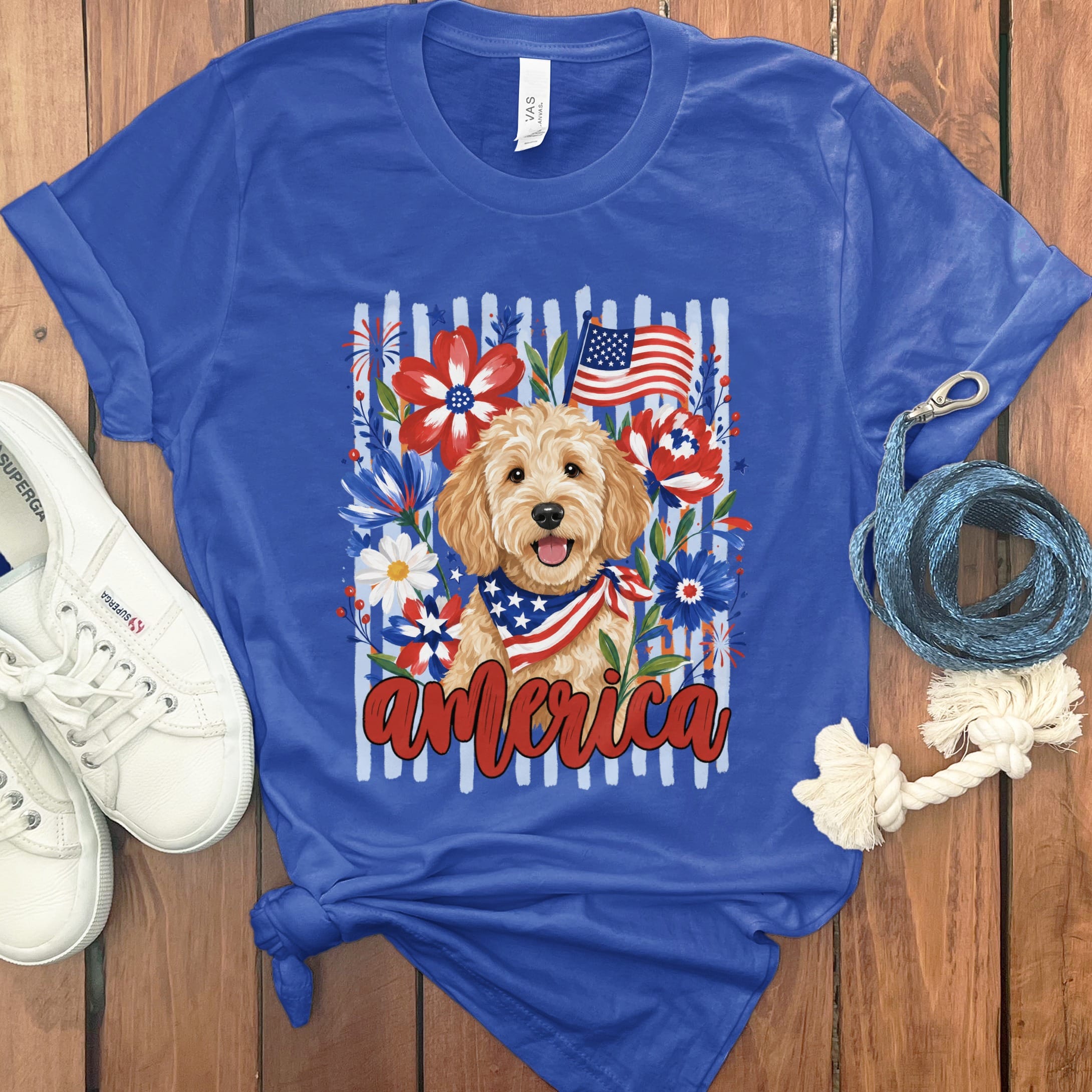 Apricot Doodle America T-Shirt in True Royal / S by Puppy Jo