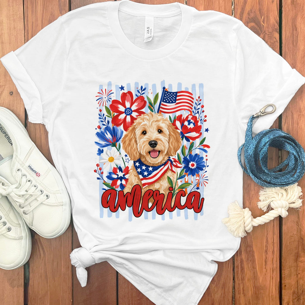 Apricot Doodle America T-Shirt in White / S by Puppy Jo