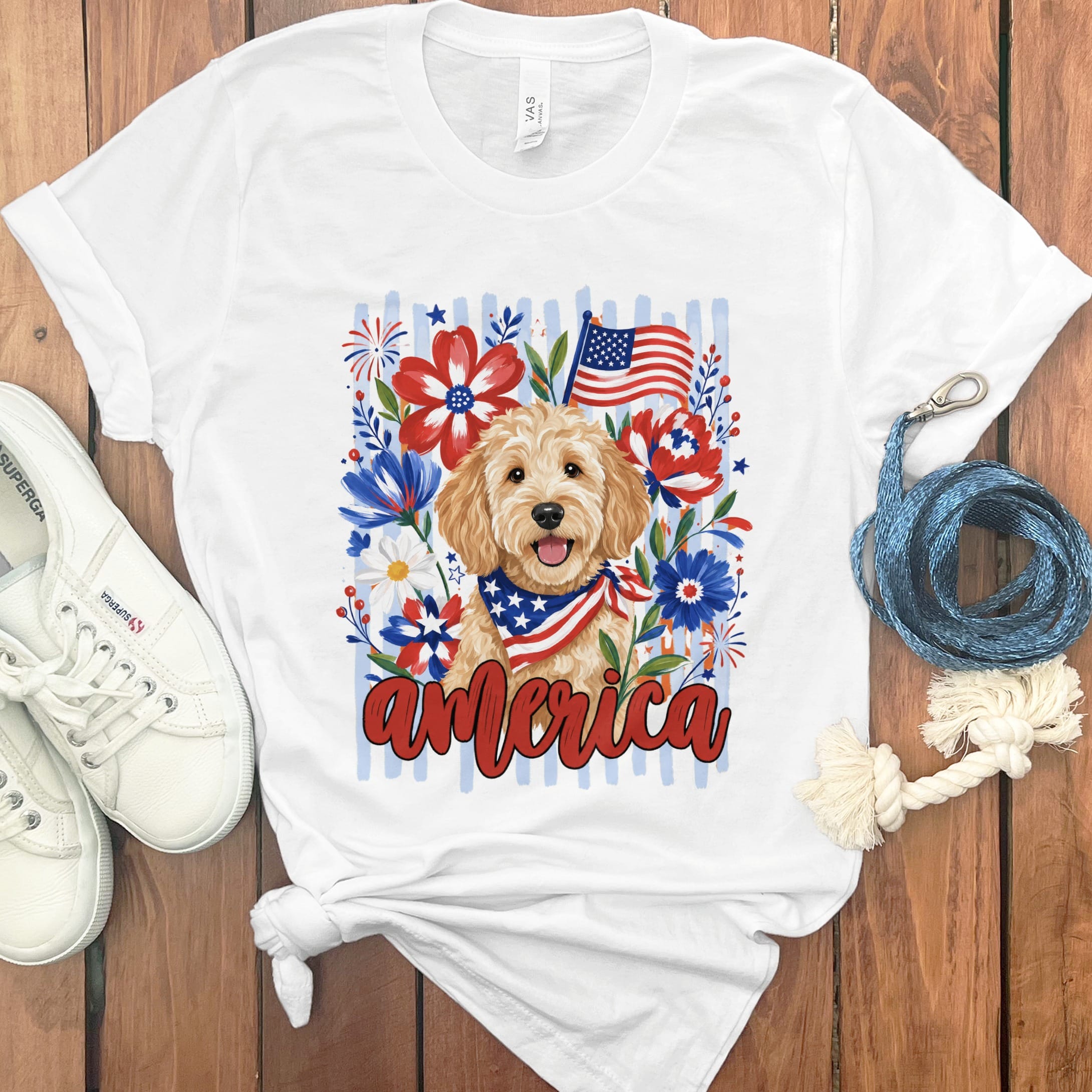 Apricot Doodle America T-Shirt in White / S by Puppy Jo