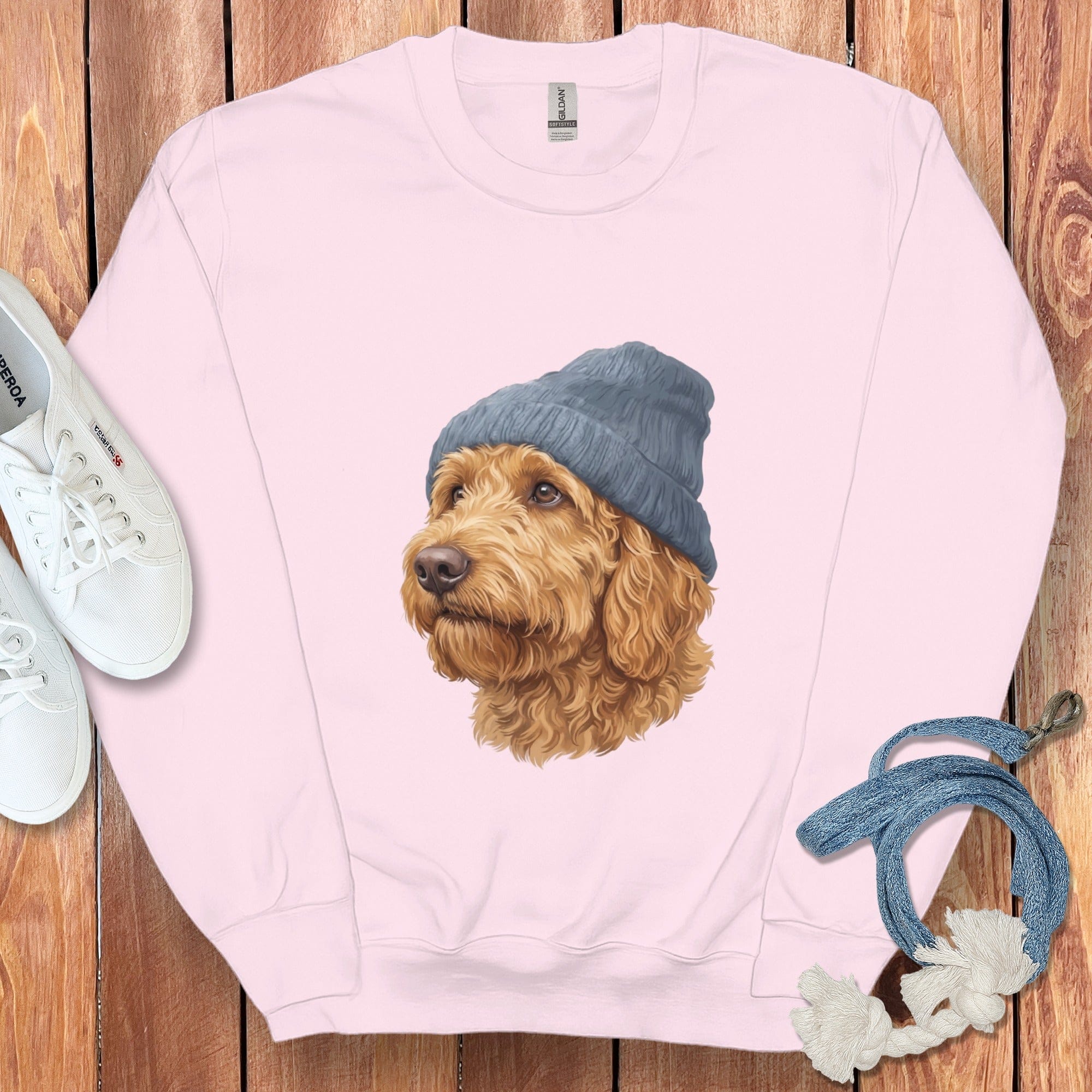 Apricot Doodle Blue Cap Sweatshirt in Light Pink / M / Sweatshirts by Puppy Jo