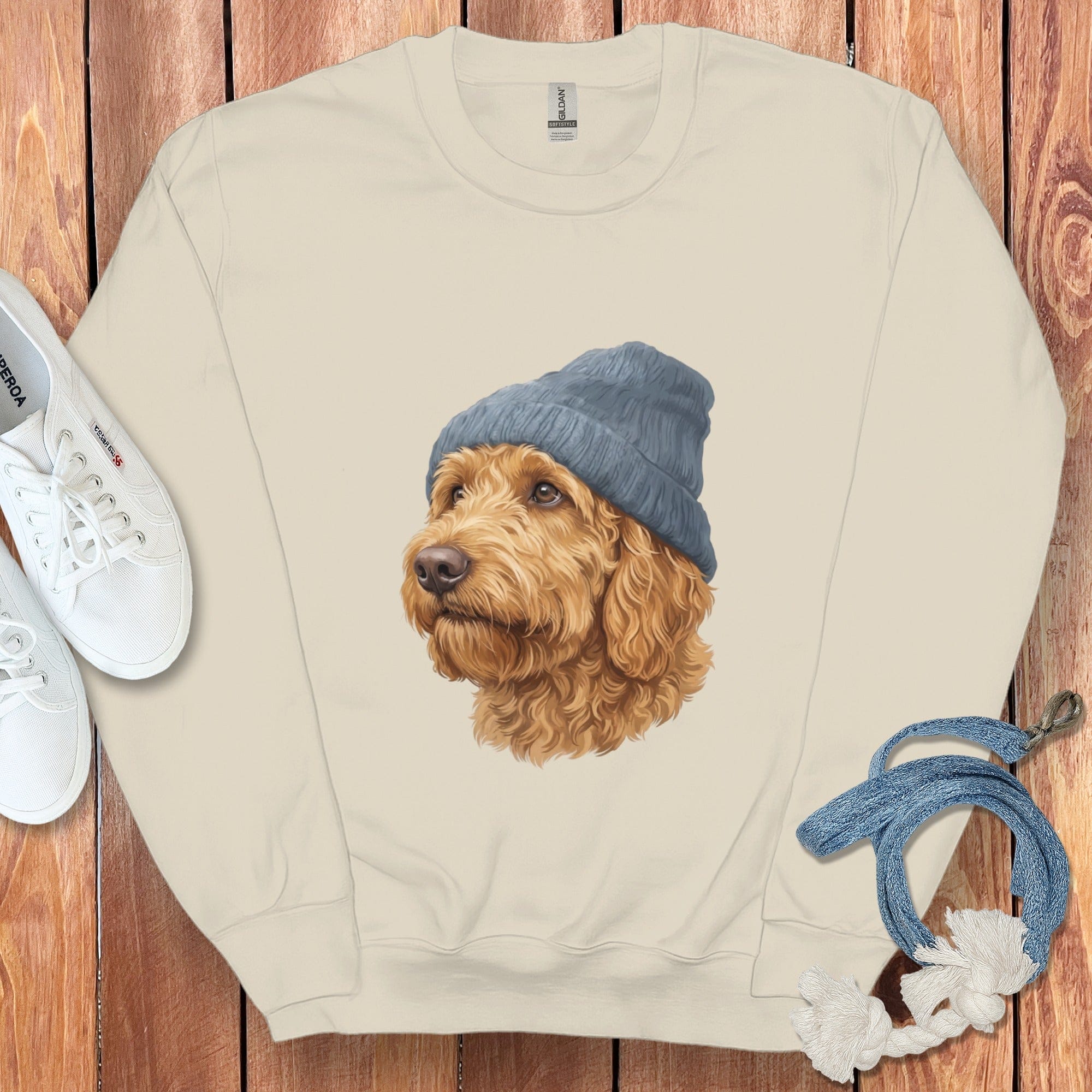 Apricot Doodle Blue Cap Sweatshirt in Sand / M / Sweatshirts by Puppy Jo