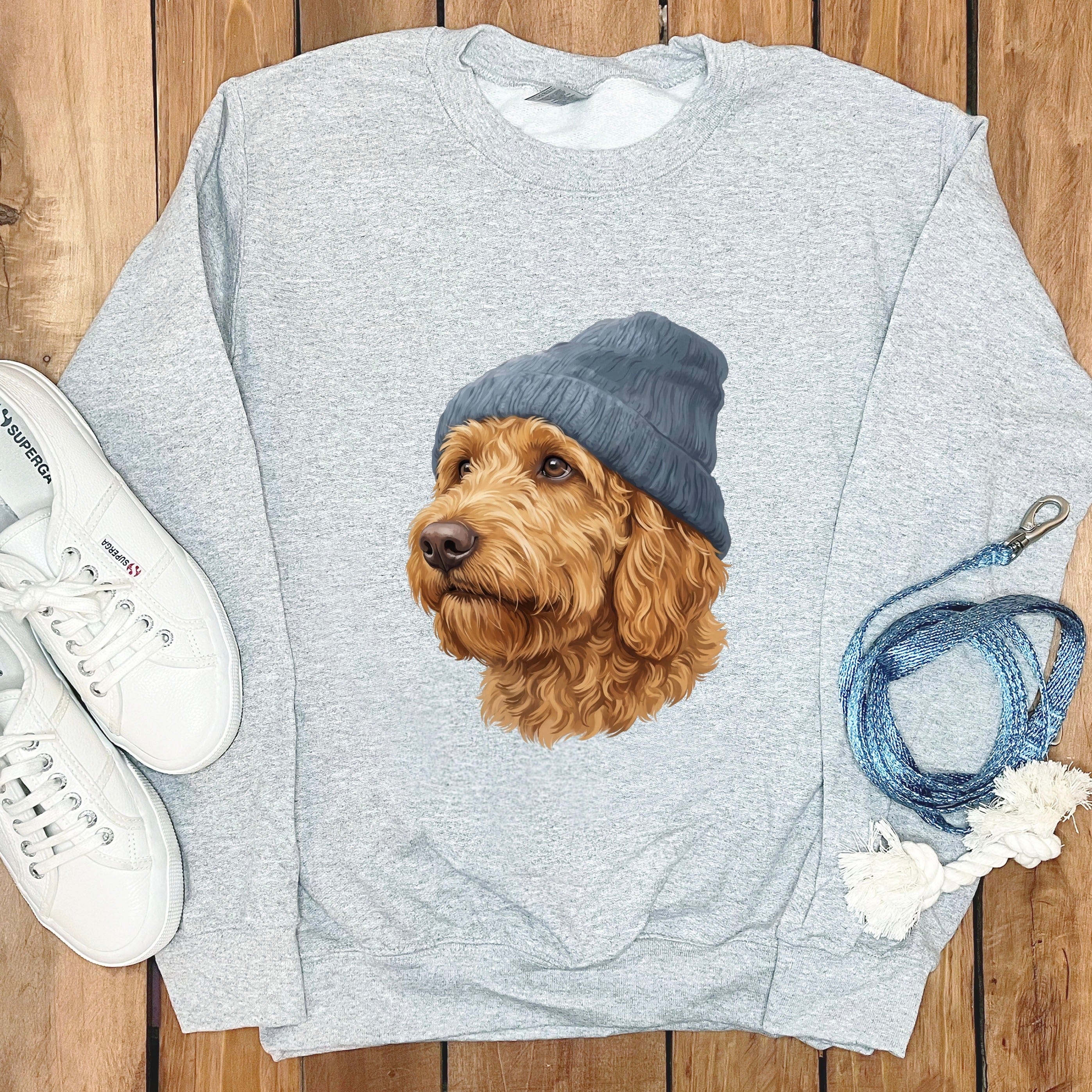 Apricot Doodle Blue Cap Sweatshirt in Sport Grey / M / Sweatshirts by Puppy Jo