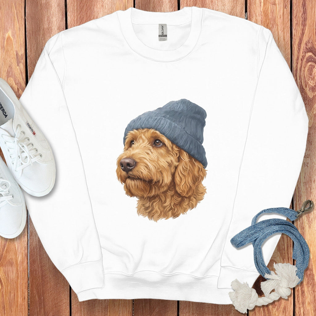 Apricot Doodle Blue Cap Sweatshirt in White / M / Sweatshirts by Puppy Jo