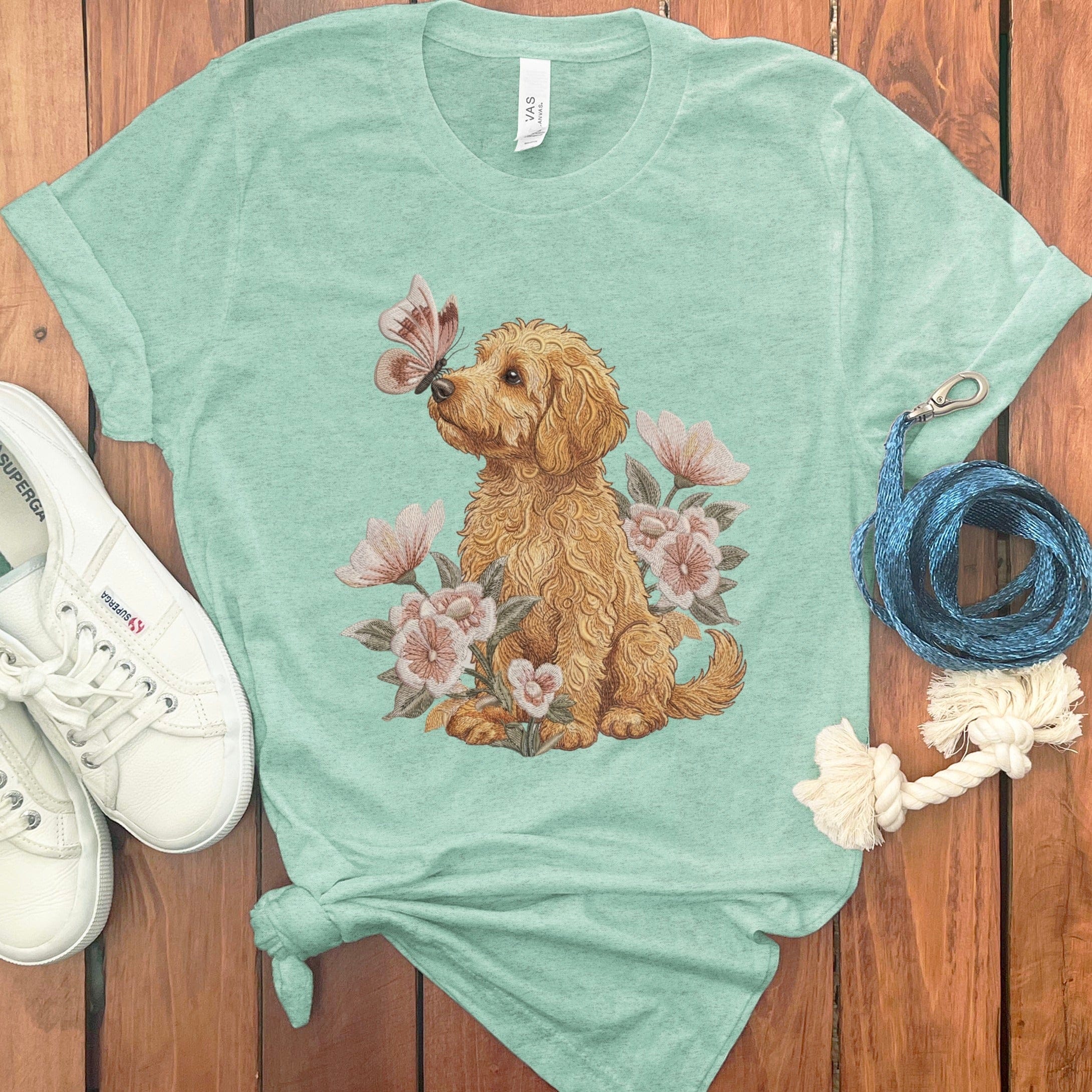 Apricot Doodle Butterfly Kiss T-Shirt in Heather Mint / M by Puppy Jo