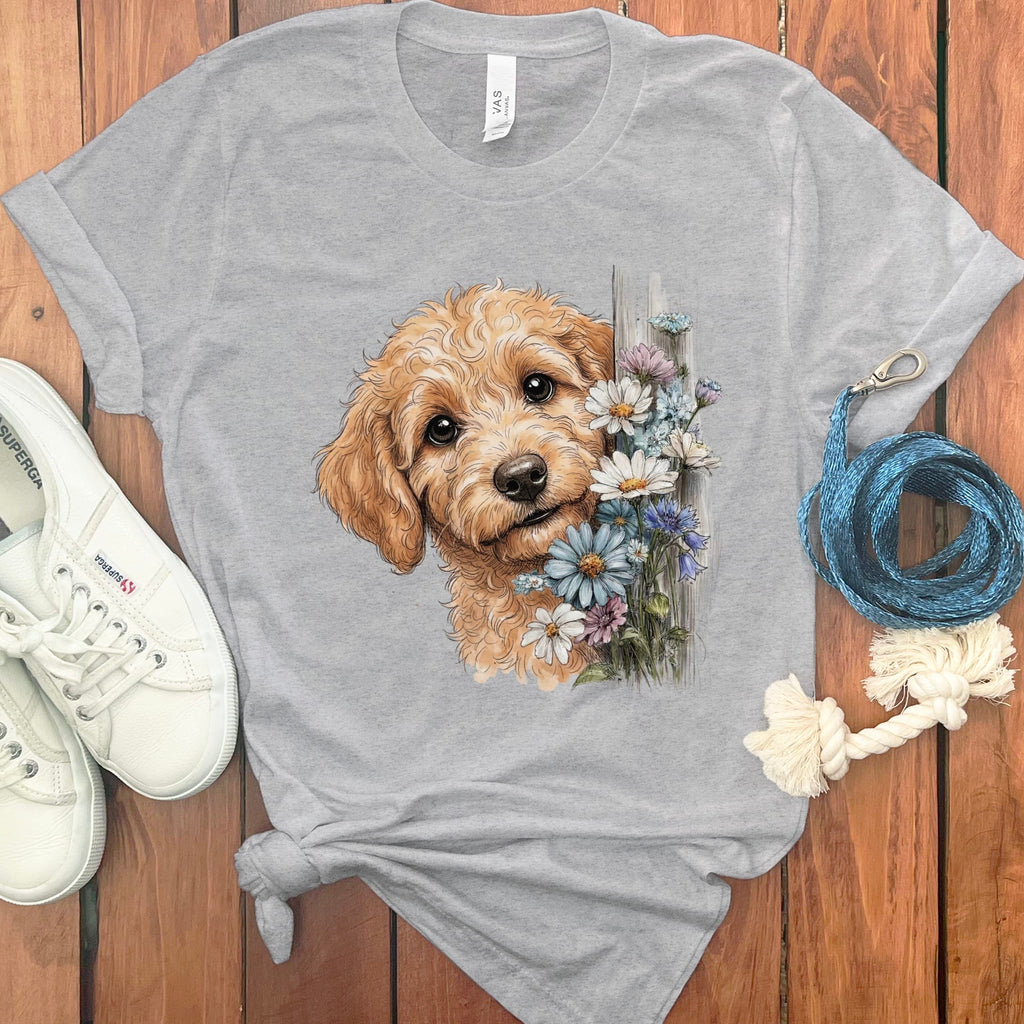 Apricot Doodle Daisy Peeking T-Shirt in Athletic Heather / S by Puppy Jo