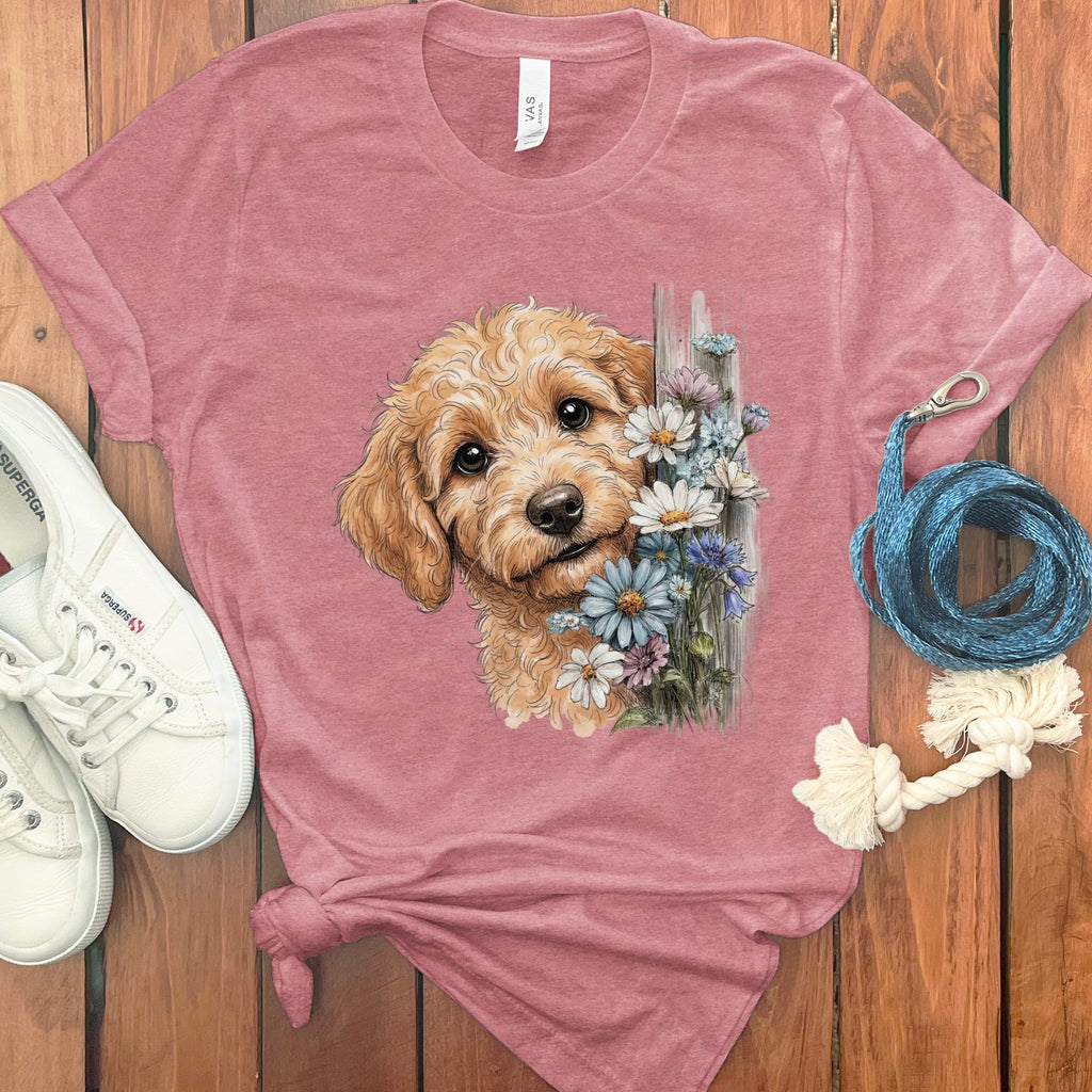 Apricot Doodle Daisy Peeking T-Shirt in Heather Mauve / S by Puppy Jo