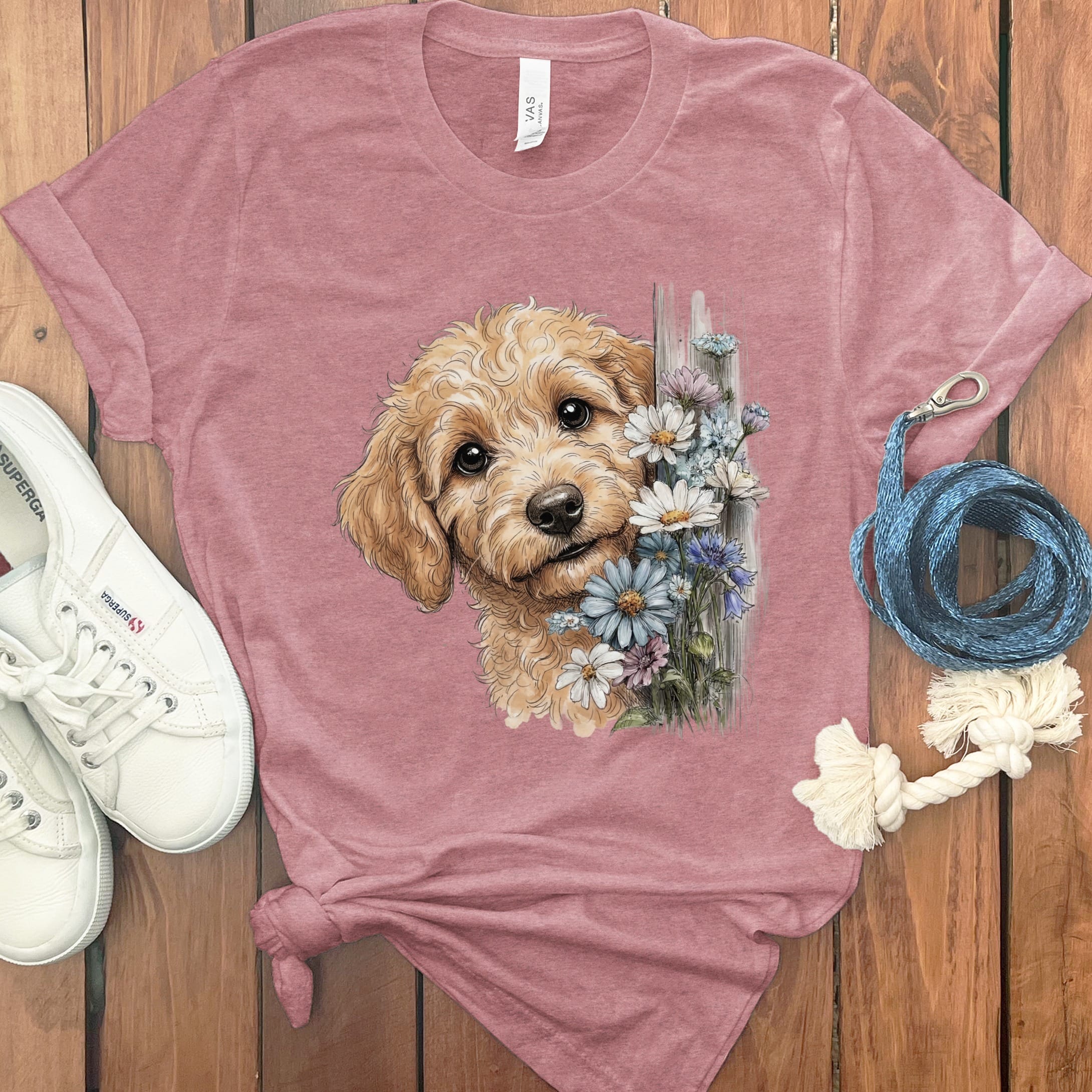 Apricot Doodle Daisy Peeking T-Shirt in Heather Mauve / S by Puppy Jo