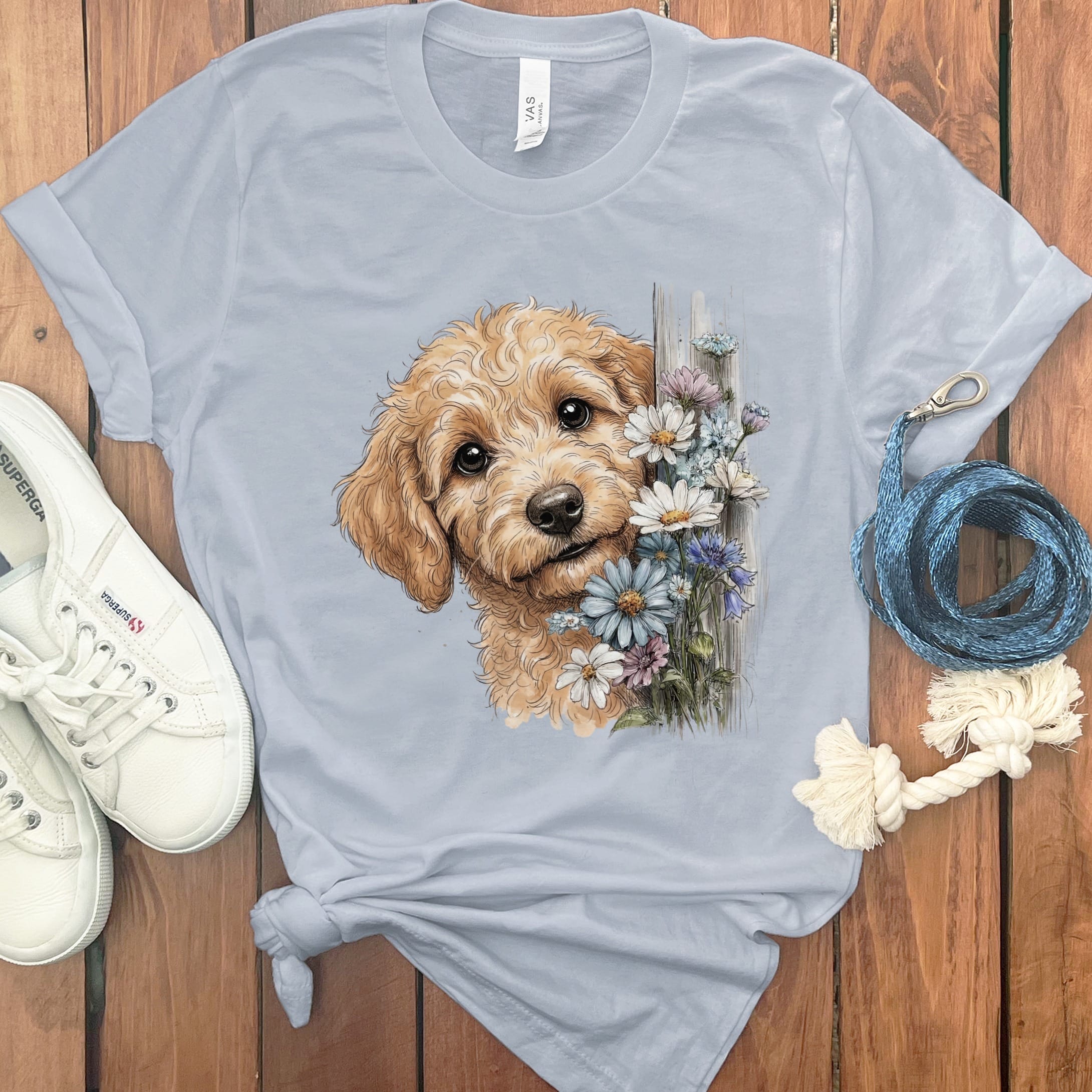Apricot Doodle Daisy Peeking T-Shirt in Light Blue / S by Puppy Jo