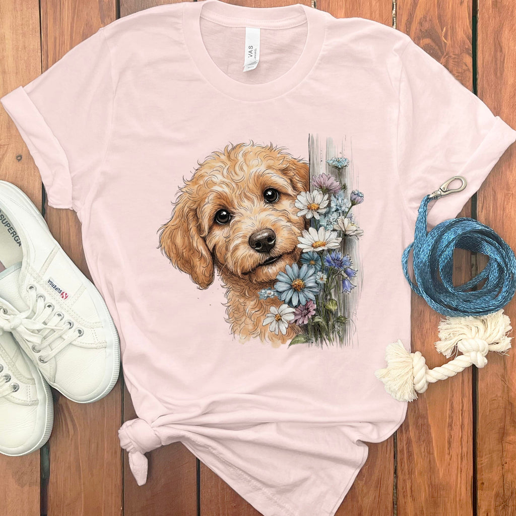 Apricot Doodle Daisy Peeking T-Shirt in Soft Pink / S by Puppy Jo