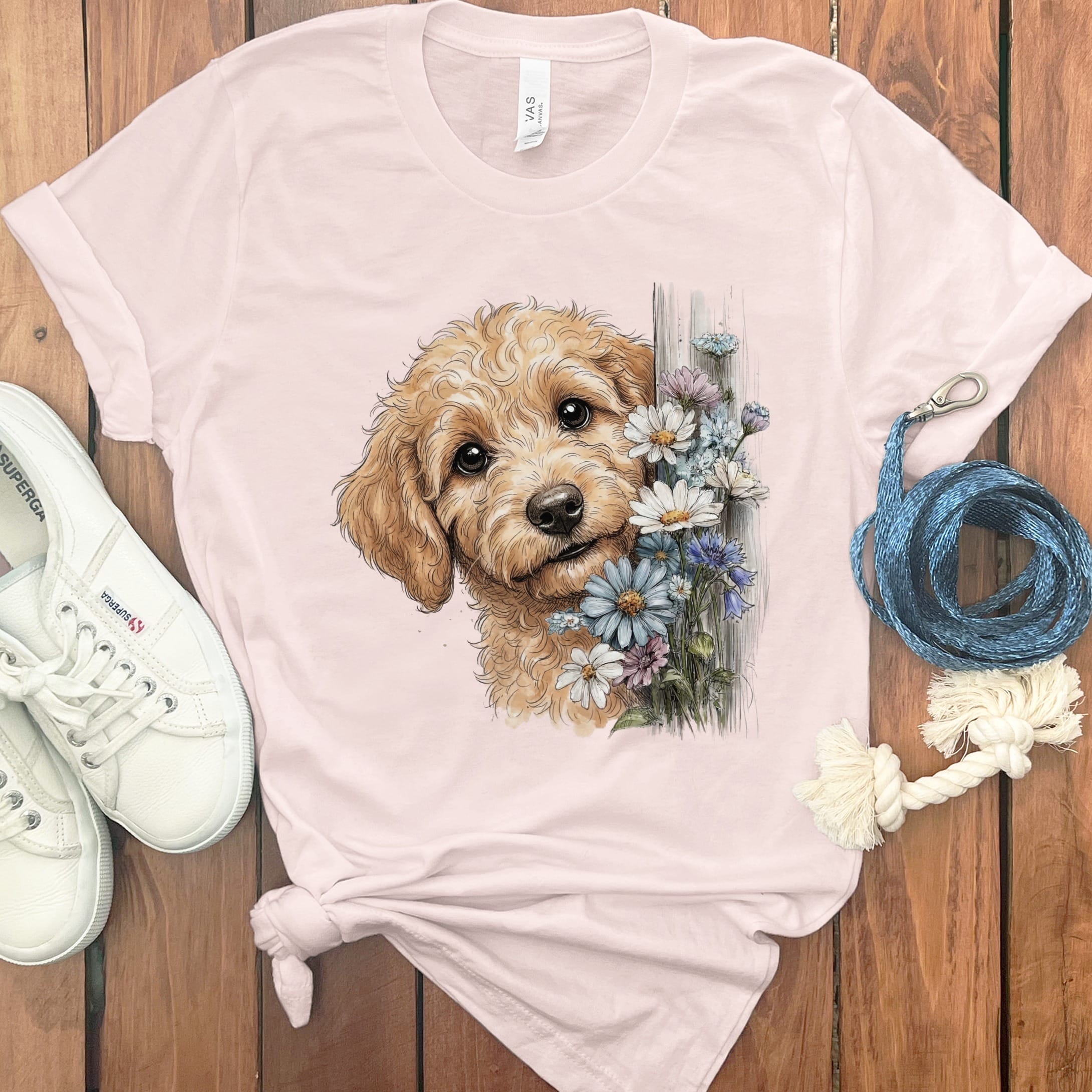 Apricot Doodle Daisy Peeking T-Shirt in Soft Pink / S by Puppy Jo