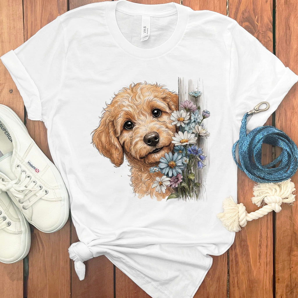 Apricot Doodle Daisy Peeking T-Shirt in White / S by Puppy Jo