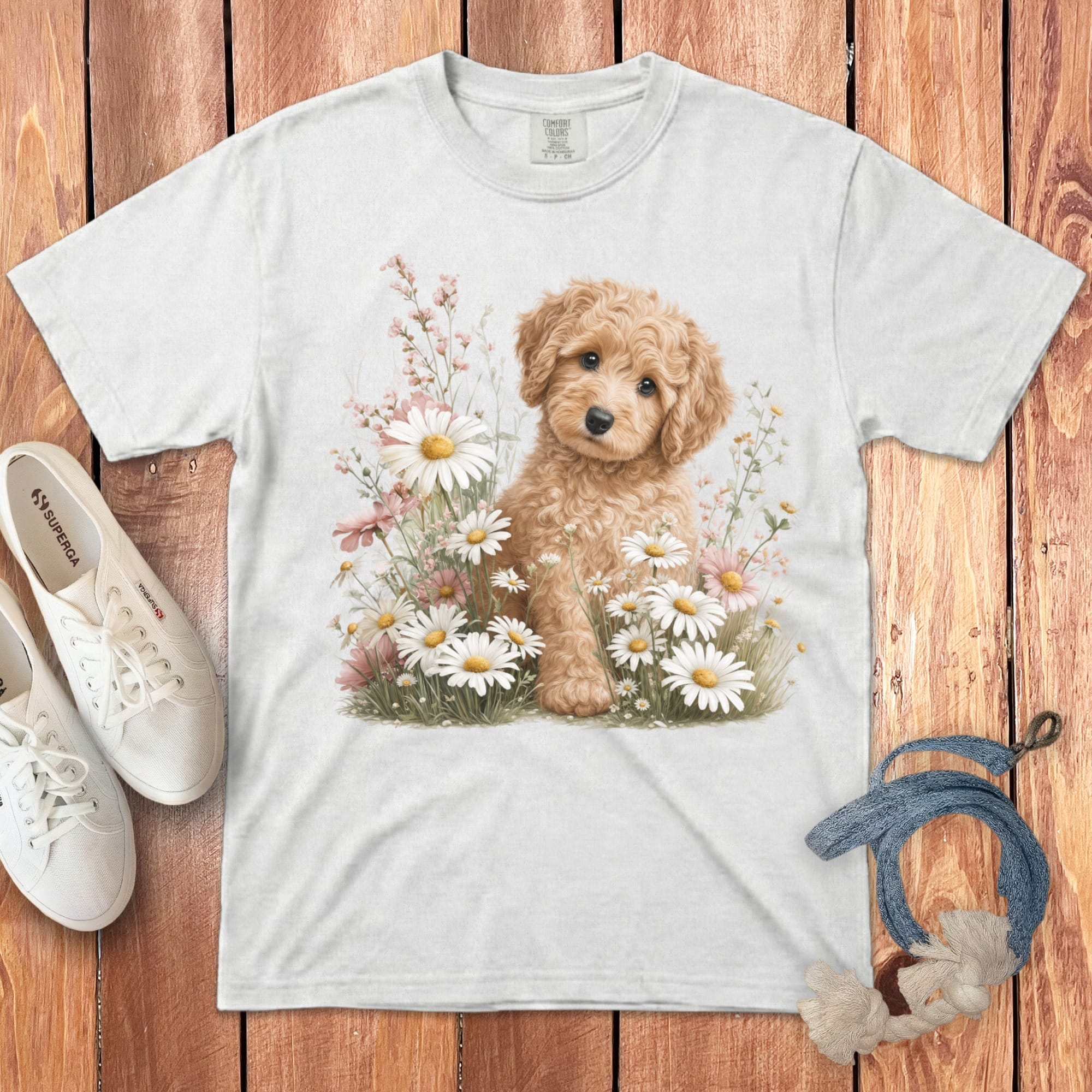 Apricot Doodle Daisy Signature T-Shirt in White / S by Puppy Jo