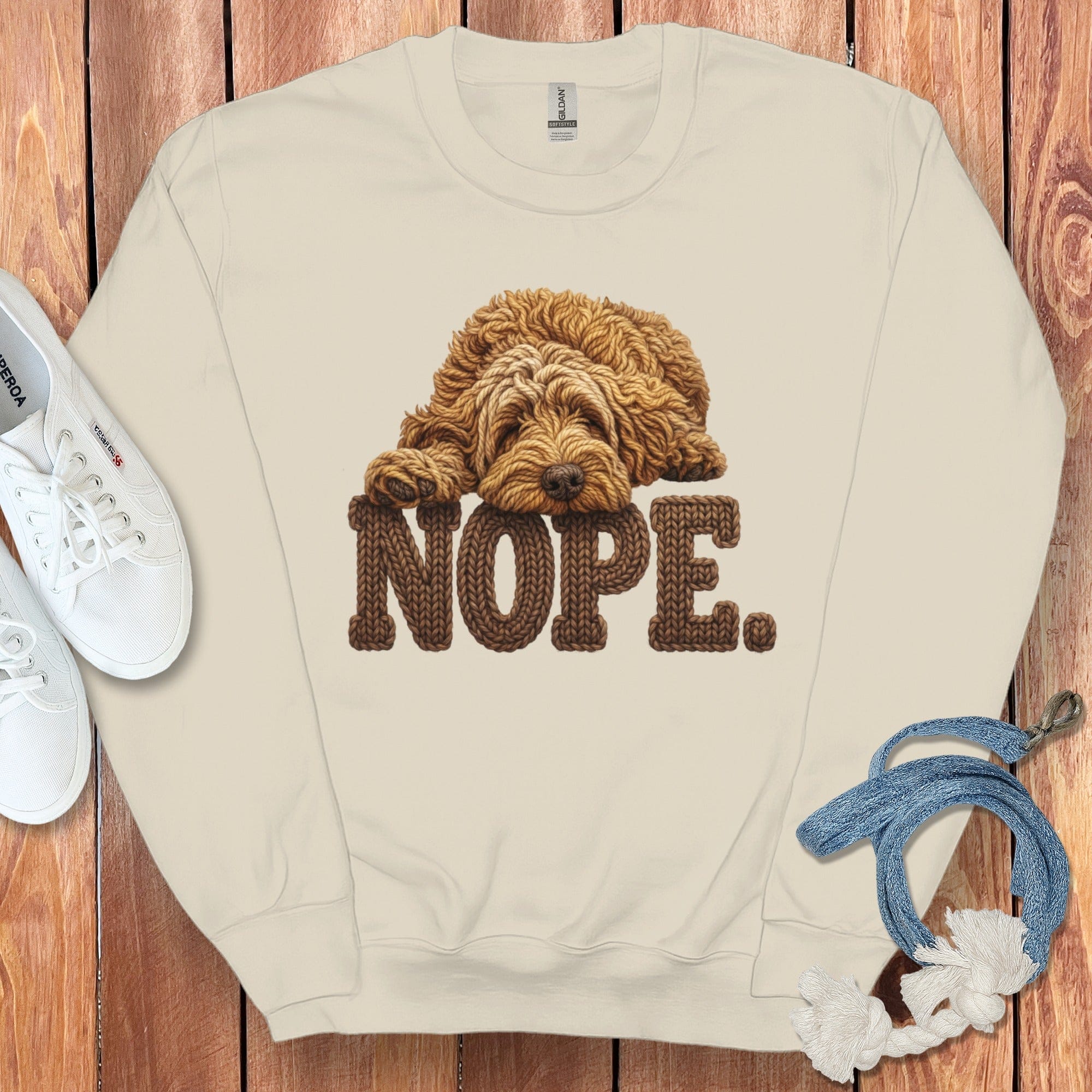 Apricot Doodle Faux Yarn Nope Sweatshirt in Sand / S by Puppy Jo