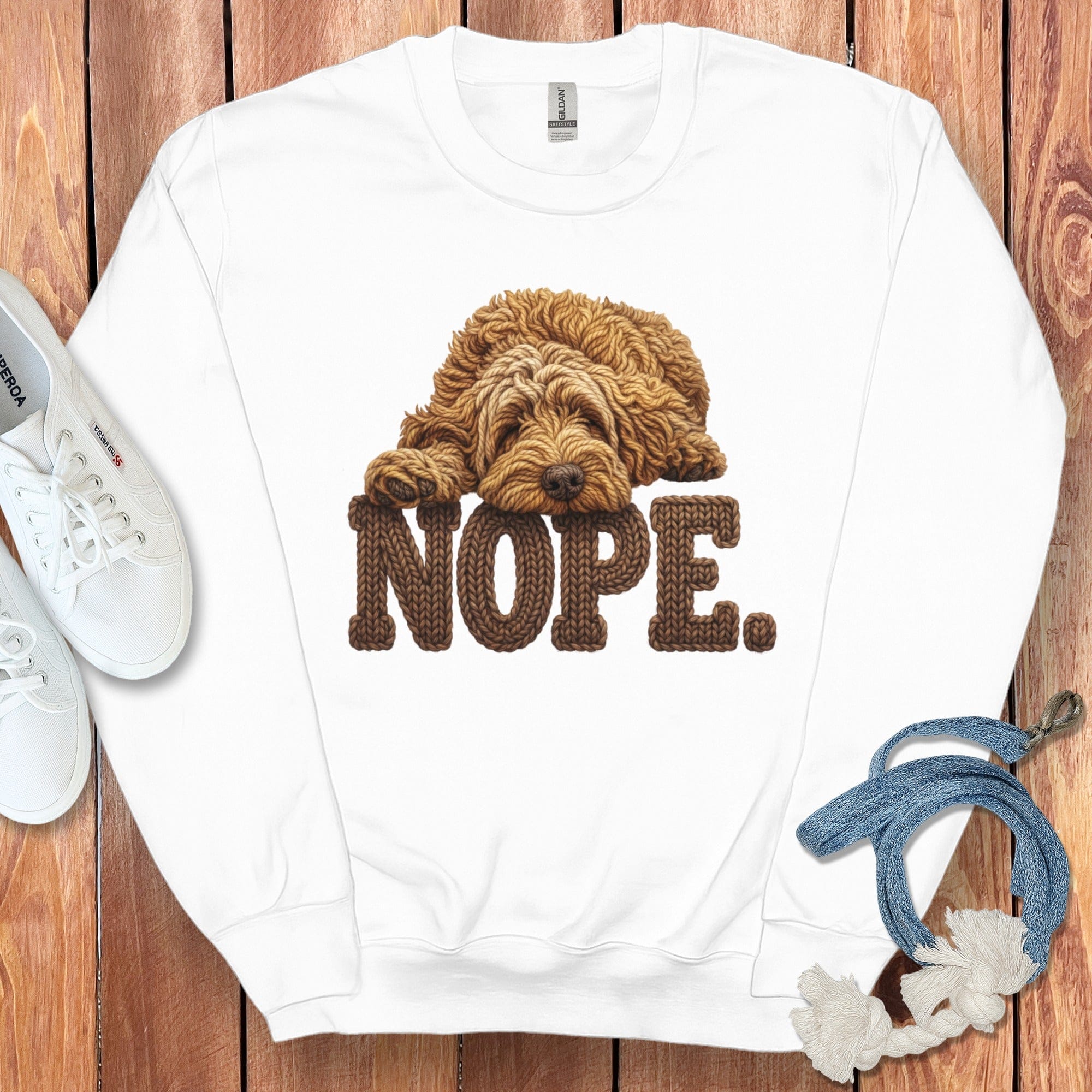 Apricot Doodle Faux Yarn Nope Sweatshirt in White / S by Puppy Jo