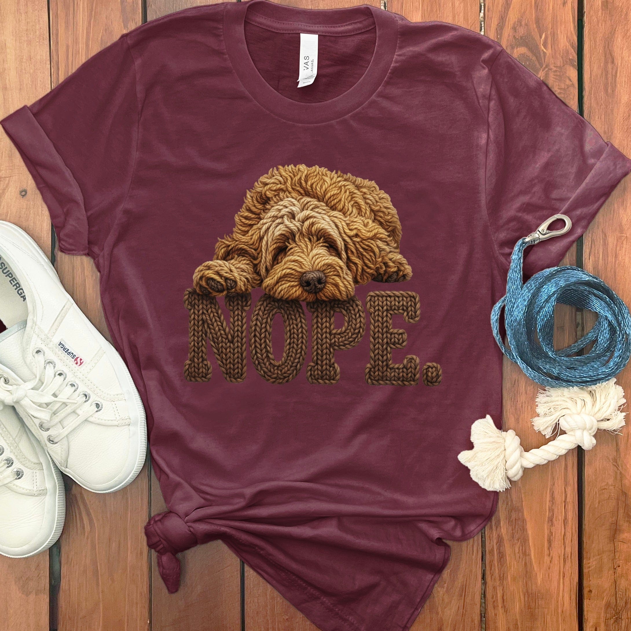 Apricot Doodle Faux Yarn Nope T-Shirt in Maroon / S by Puppy Jo