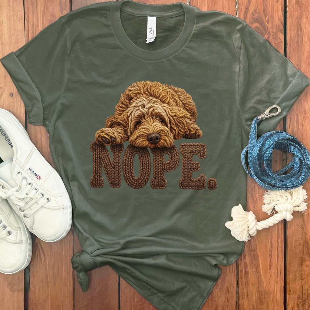 Apricot Doodle Faux Yarn Nope T-Shirt in Military Green / S by Puppy Jo
