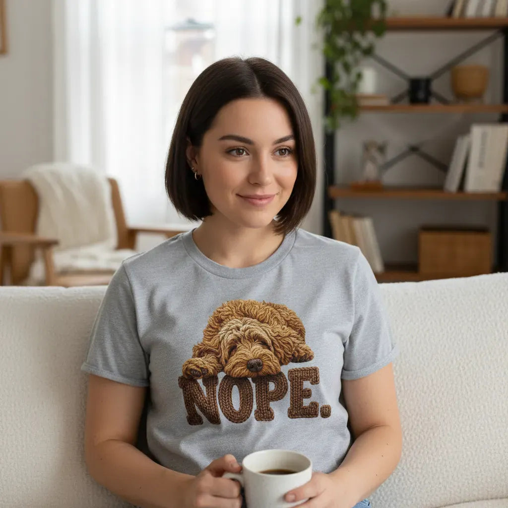 Apricot Doodle Faux Yarn Nope T-Shirt in by Puppy Jo