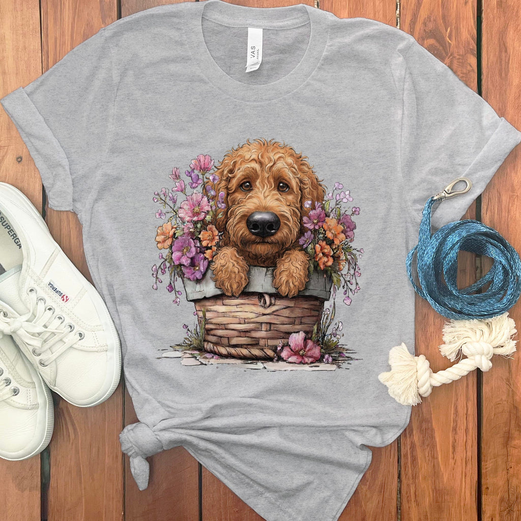 Apricot Doodle Floral Basket T-Shirt in Athletic Heather / M by Puppy Jo