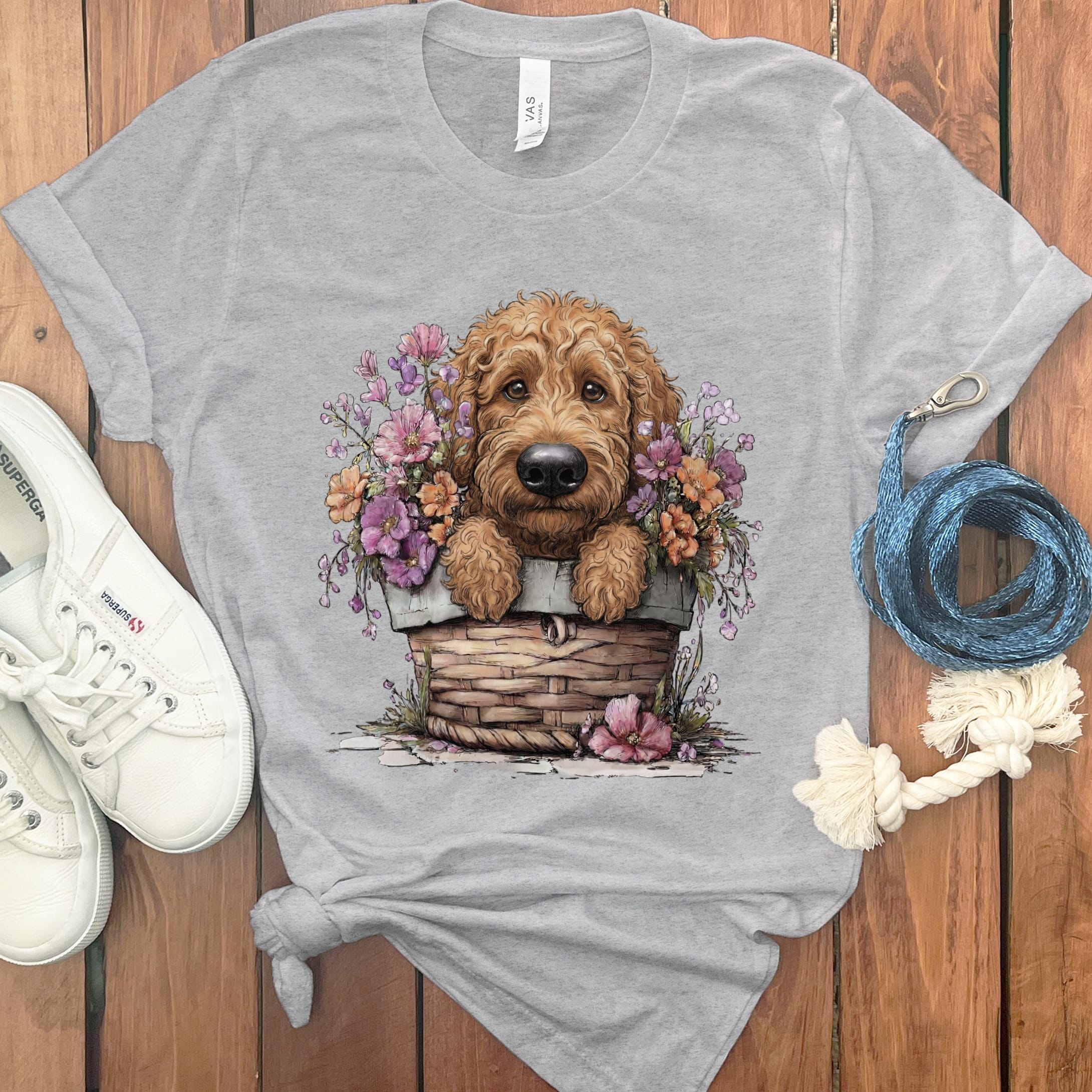 Apricot Doodle Floral Basket T-Shirt in Athletic Heather / M by Puppy Jo