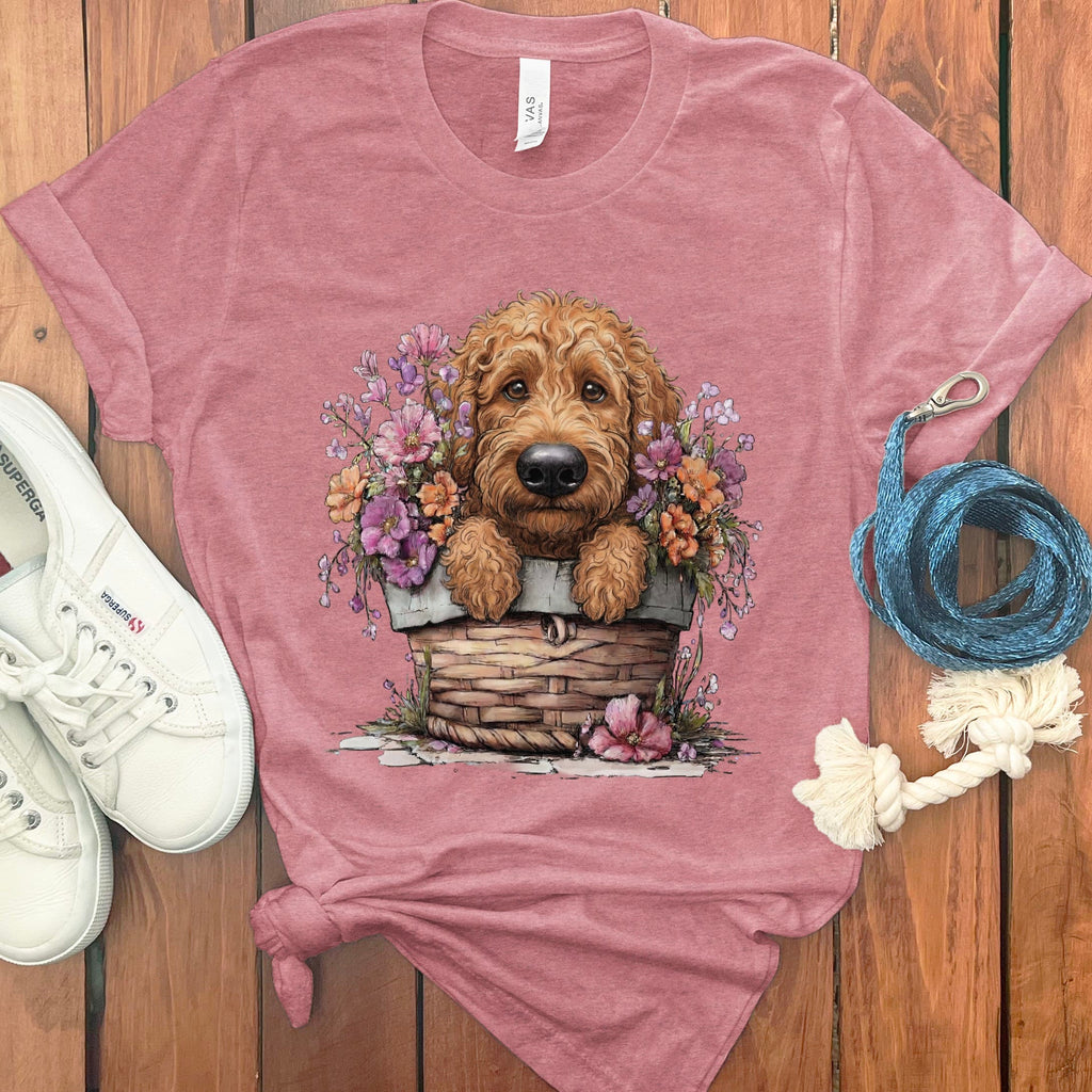 Apricot Doodle Floral Basket T-Shirt in Heather Mauve / M by Puppy Jo
