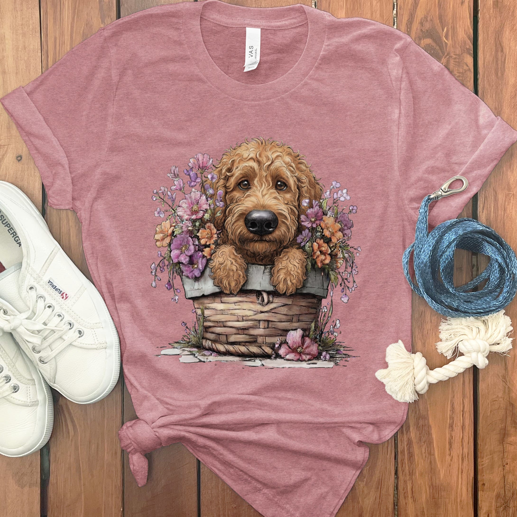 Apricot Doodle Floral Basket T-Shirt in Heather Mauve / M by Puppy Jo